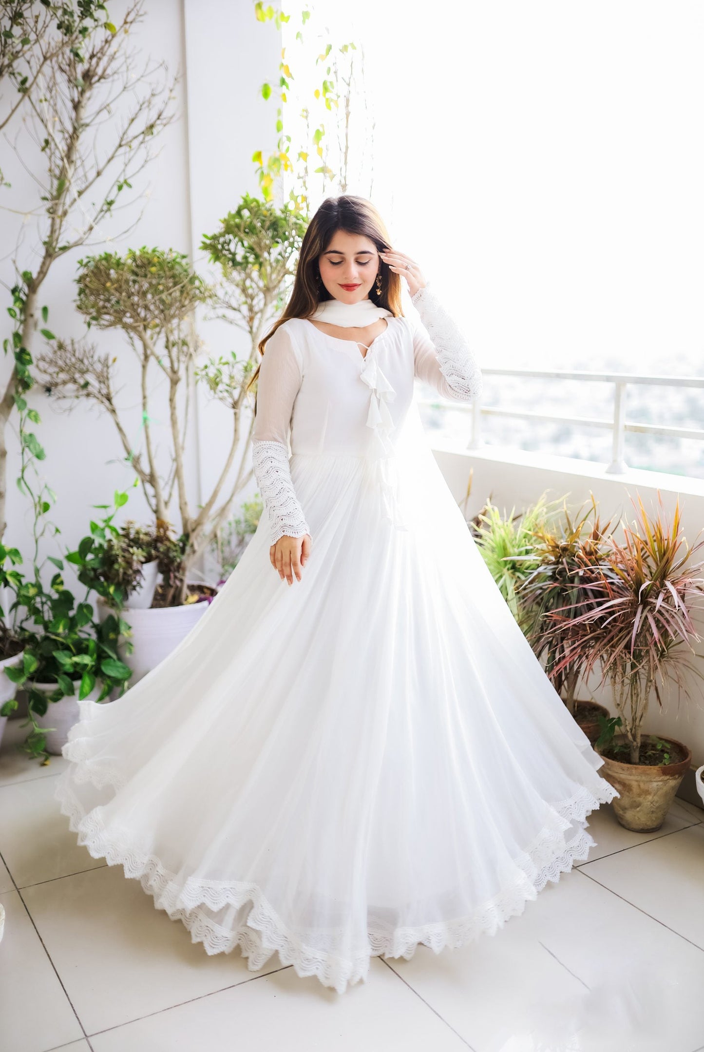 White Long Flair Double Layered Anarkali With Dupatta by My Store