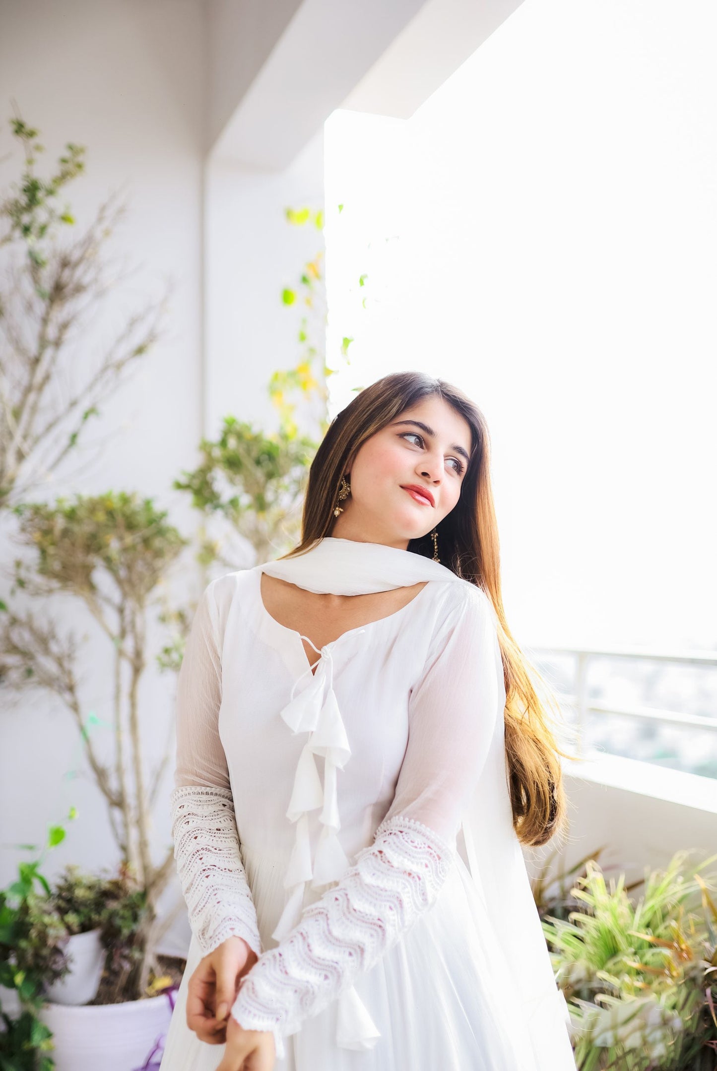 White Long Flair Double Layered Anarkali With Dupatta by My Store