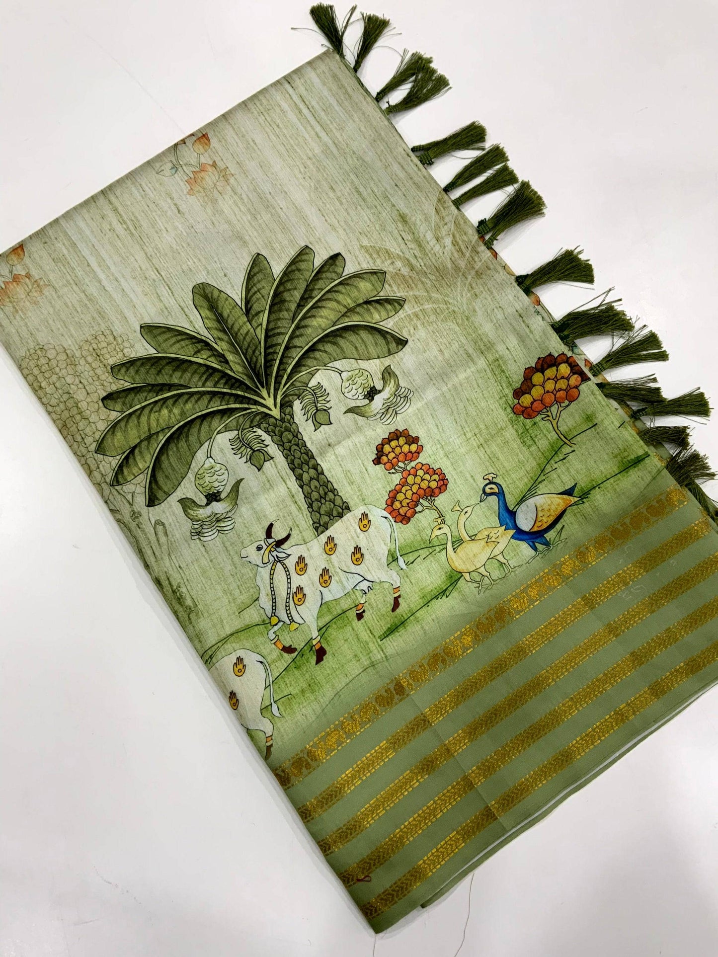 Elegant Soft Silk Pista Pichwai Prints Saree by My Store