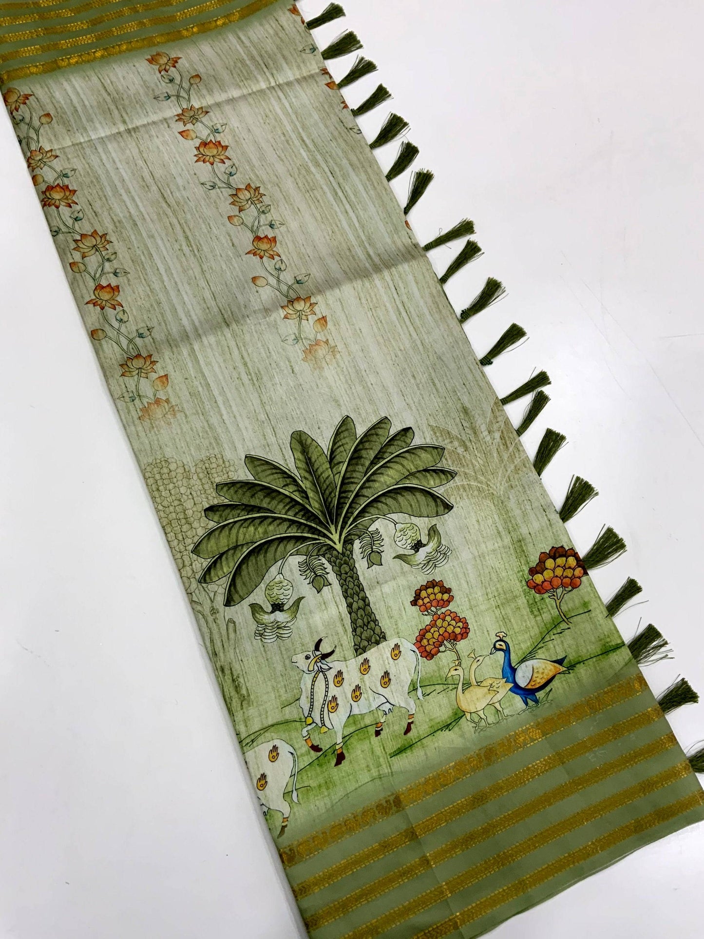 Elegant Soft Silk Pista Pichwai Prints Saree by My Store