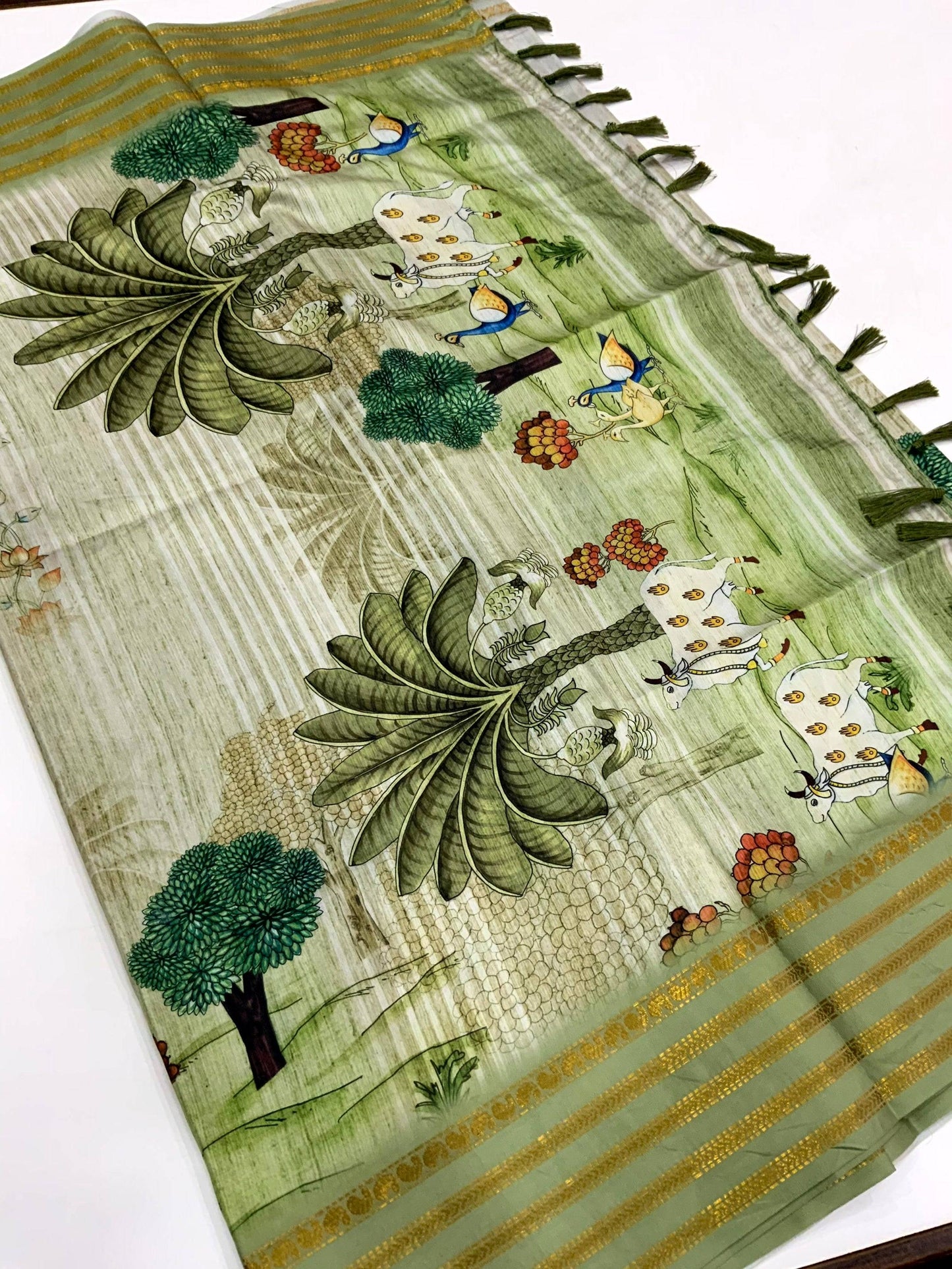 Elegant Soft Silk Pista Pichwai Prints Saree by My Store