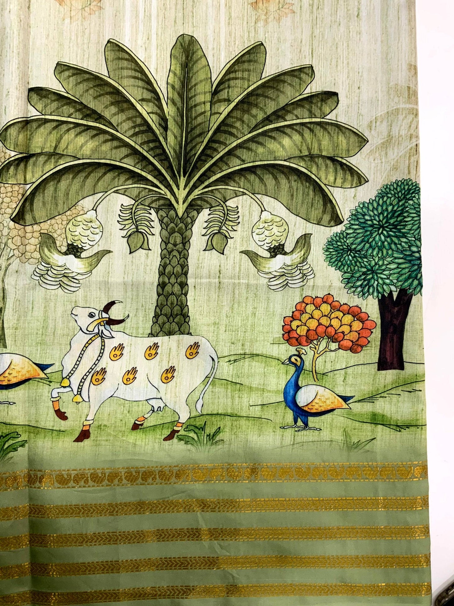 Elegant Soft Silk Pista Pichwai Prints Saree by My Store