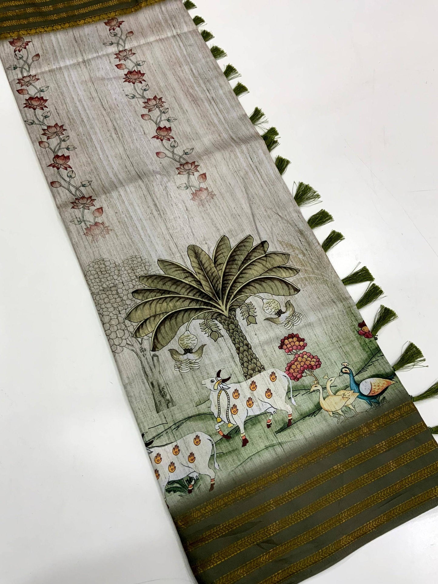 Elegant Soft Silk White Pichwai Prints Saree by My Store