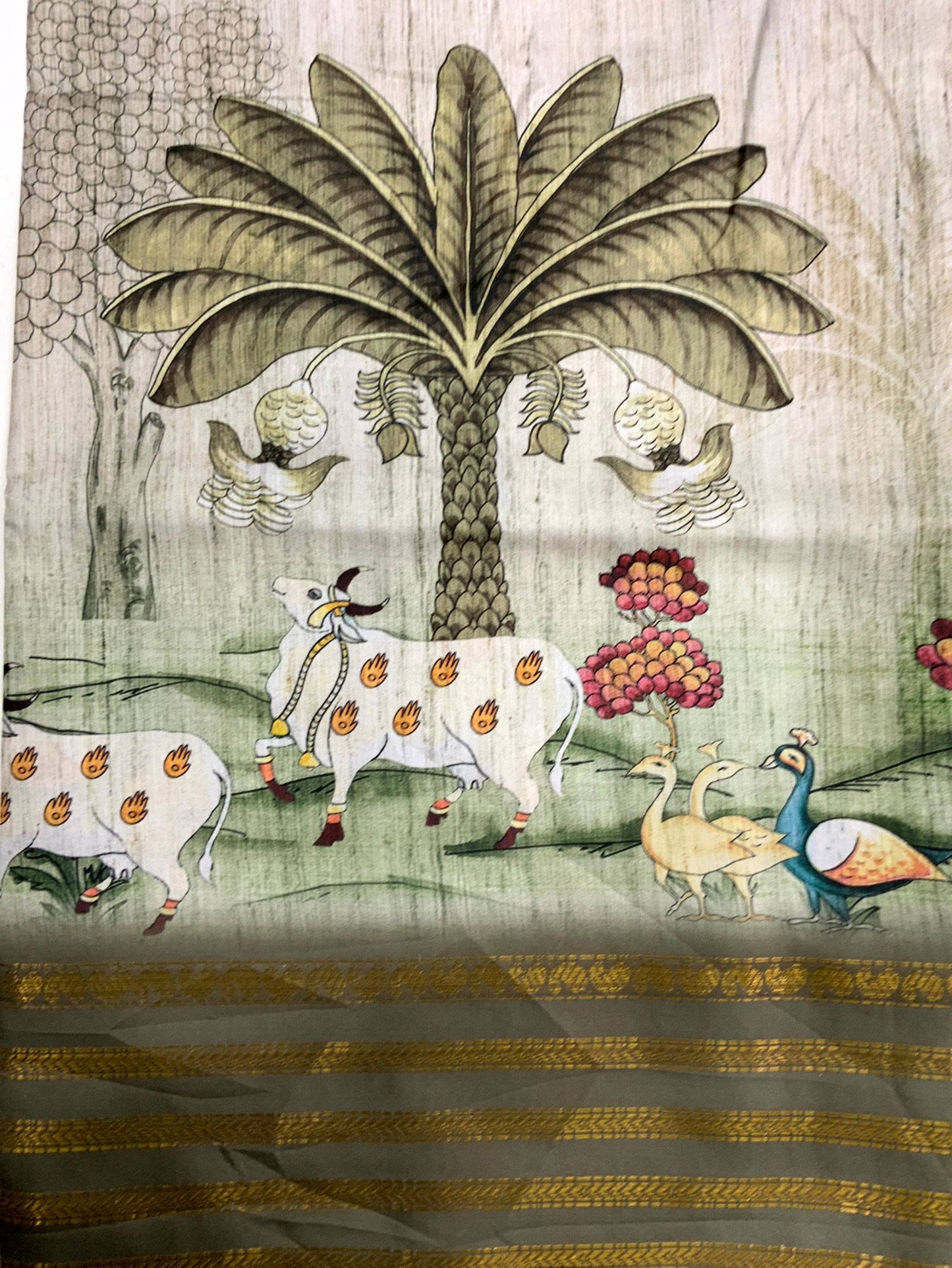 Elegant Soft Silk White Pichwai Prints Saree by My Store