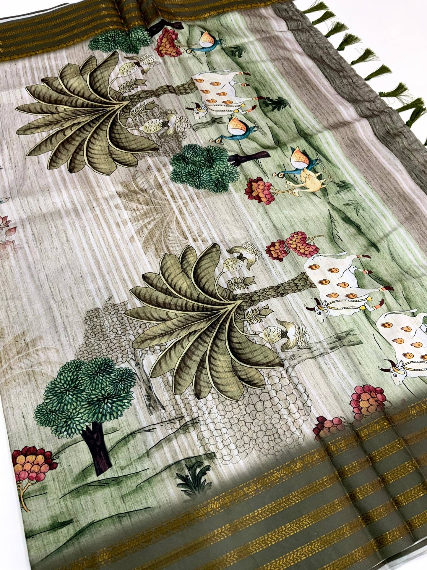 Elegant Soft Silk White Pichwai Prints Saree by My Store