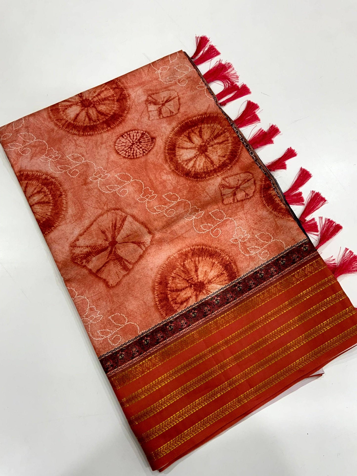 Rust Red Soft Silk Shibori Printed Saree by My Store