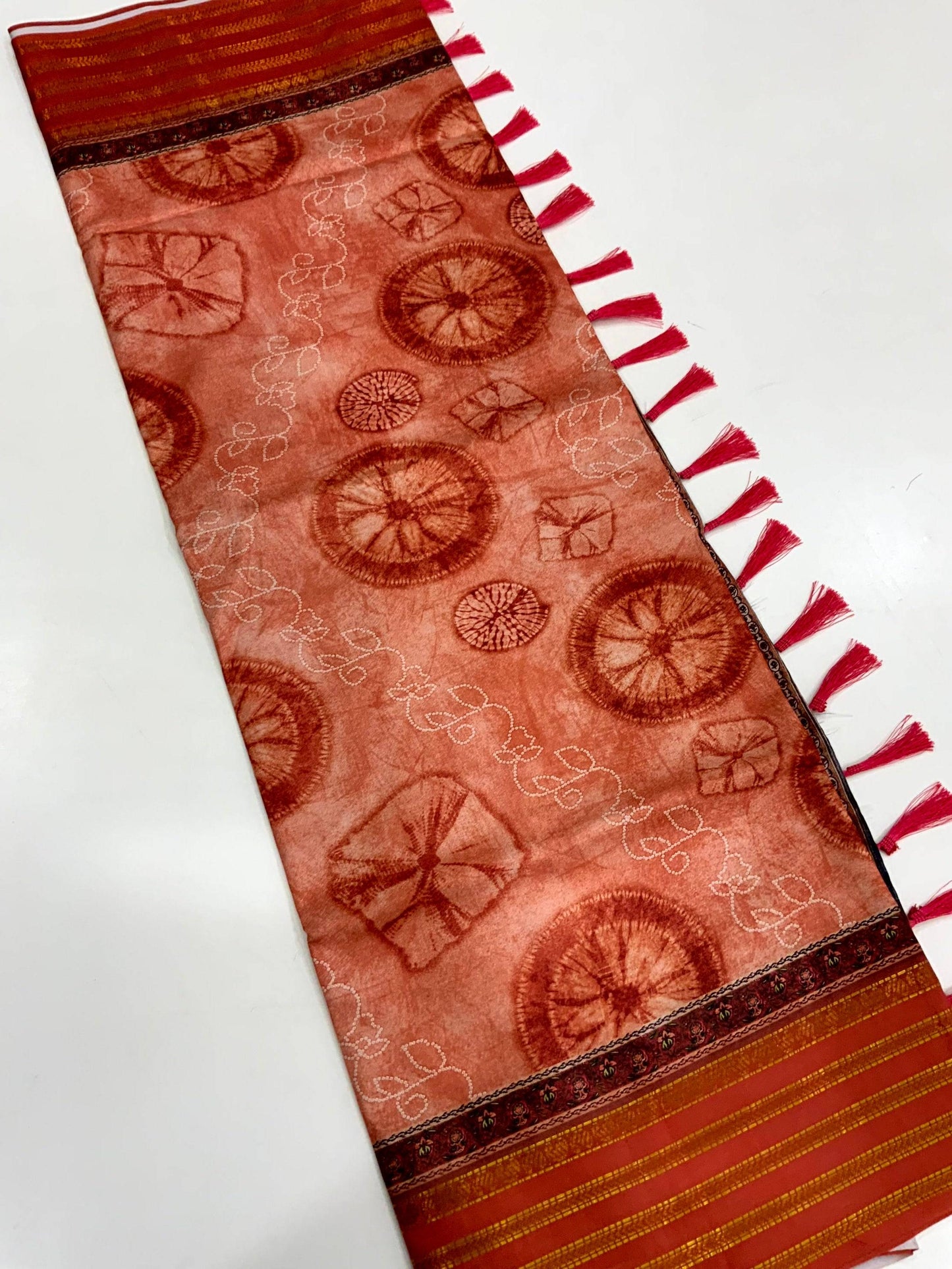 Rust Red Soft Silk Shibori Printed Saree by My Store