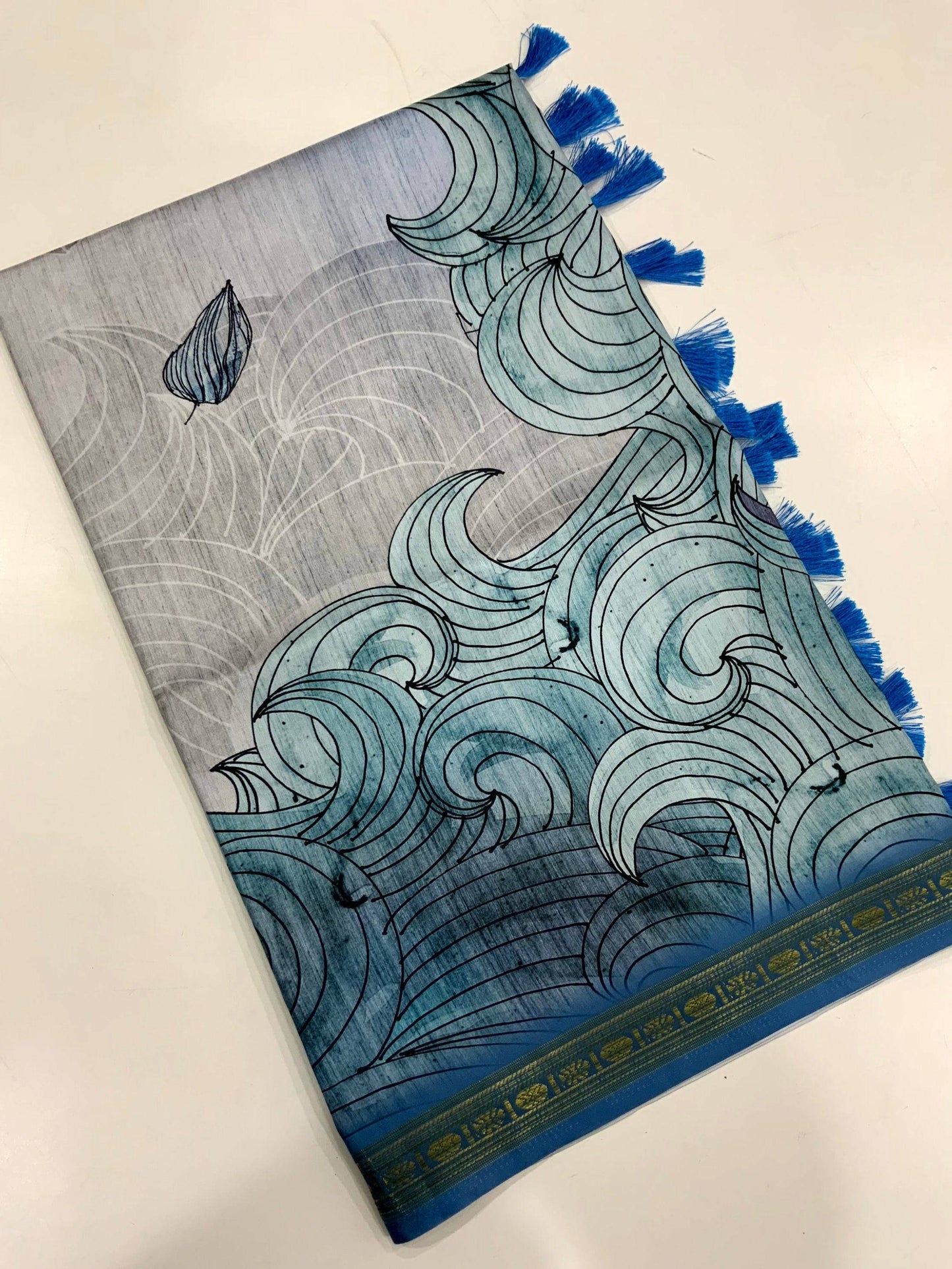 Blue Soft Silk Ocean Wave Patterns Saree