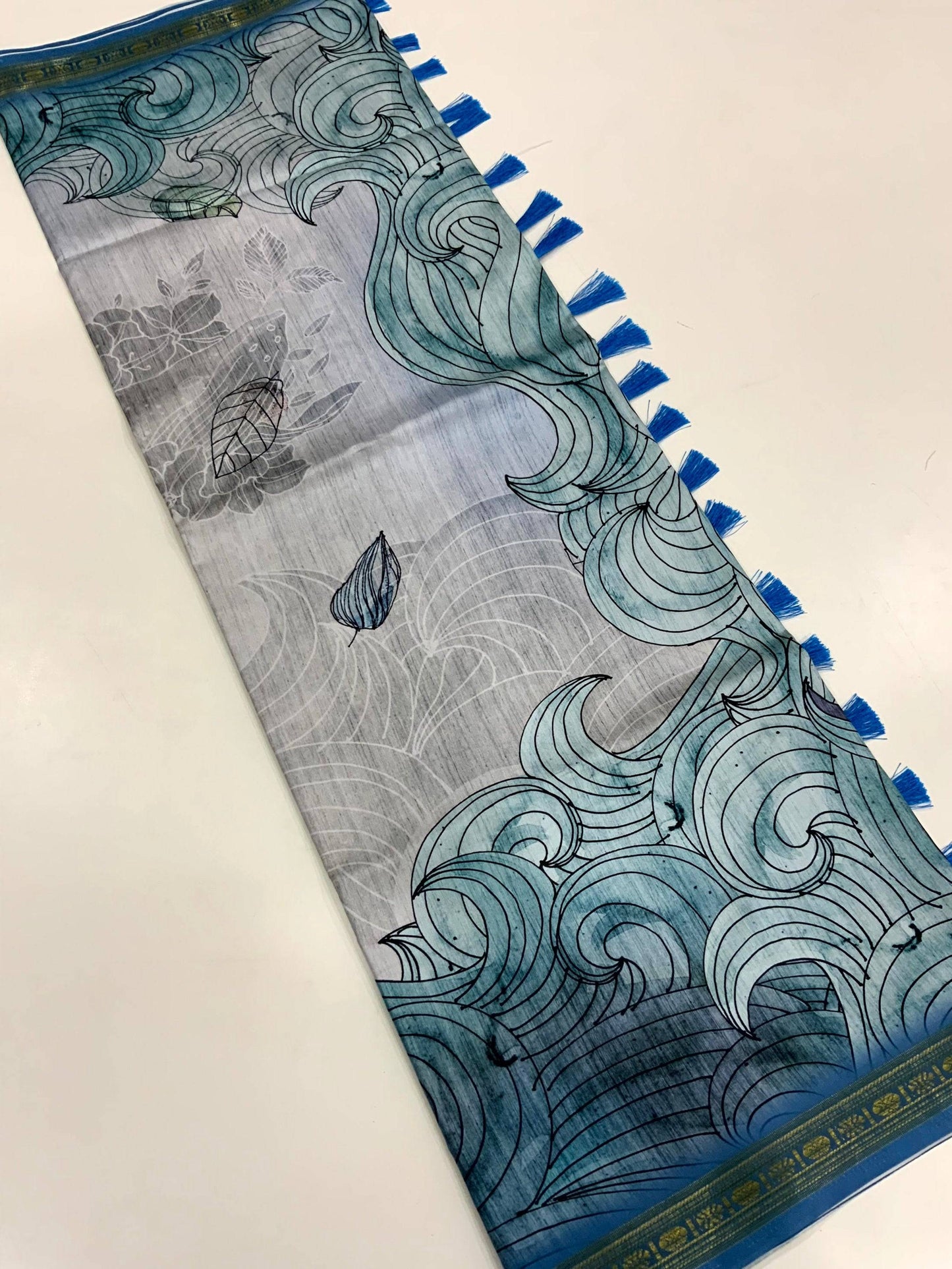 Blue Soft Silk Ocean Wave Patterns Saree