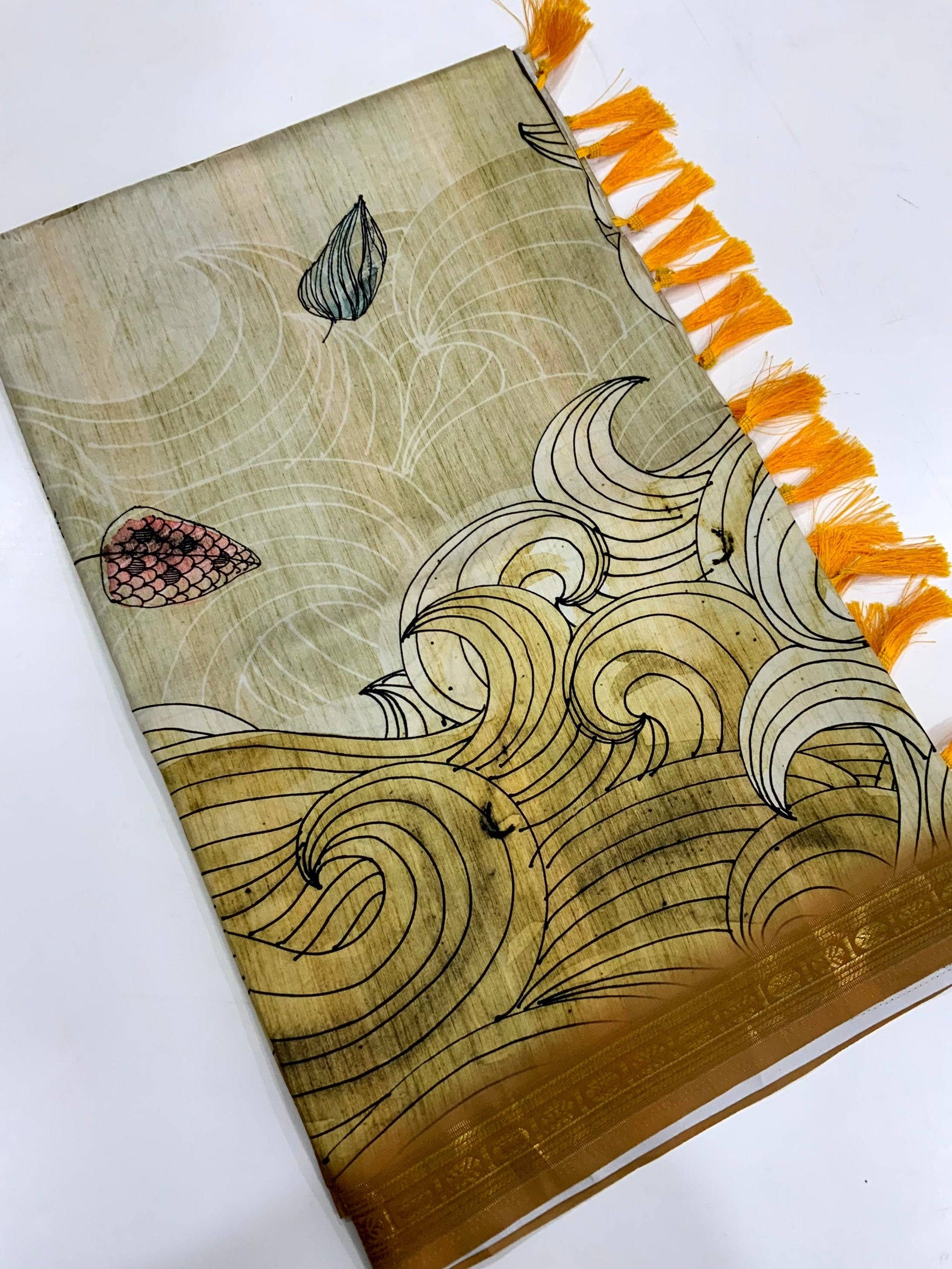 Olive Soft Silk Ocean Wave Patterns Saree by My Store