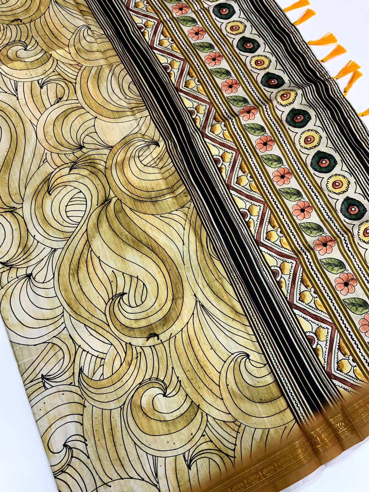 Olive Soft Silk Ocean Wave Patterns Saree by My Store