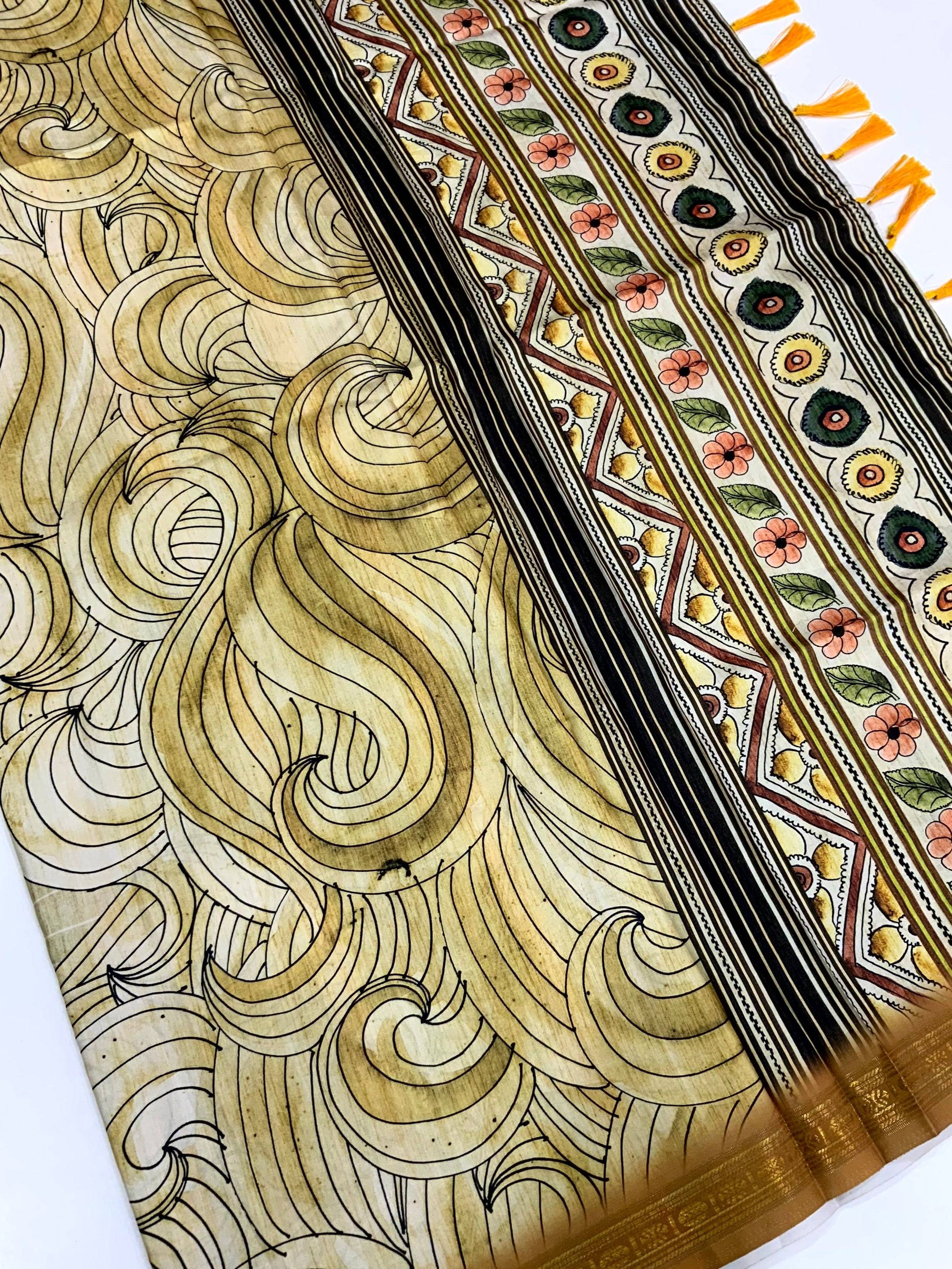 Olive Soft Silk Ocean Wave Patterns Saree by My Store