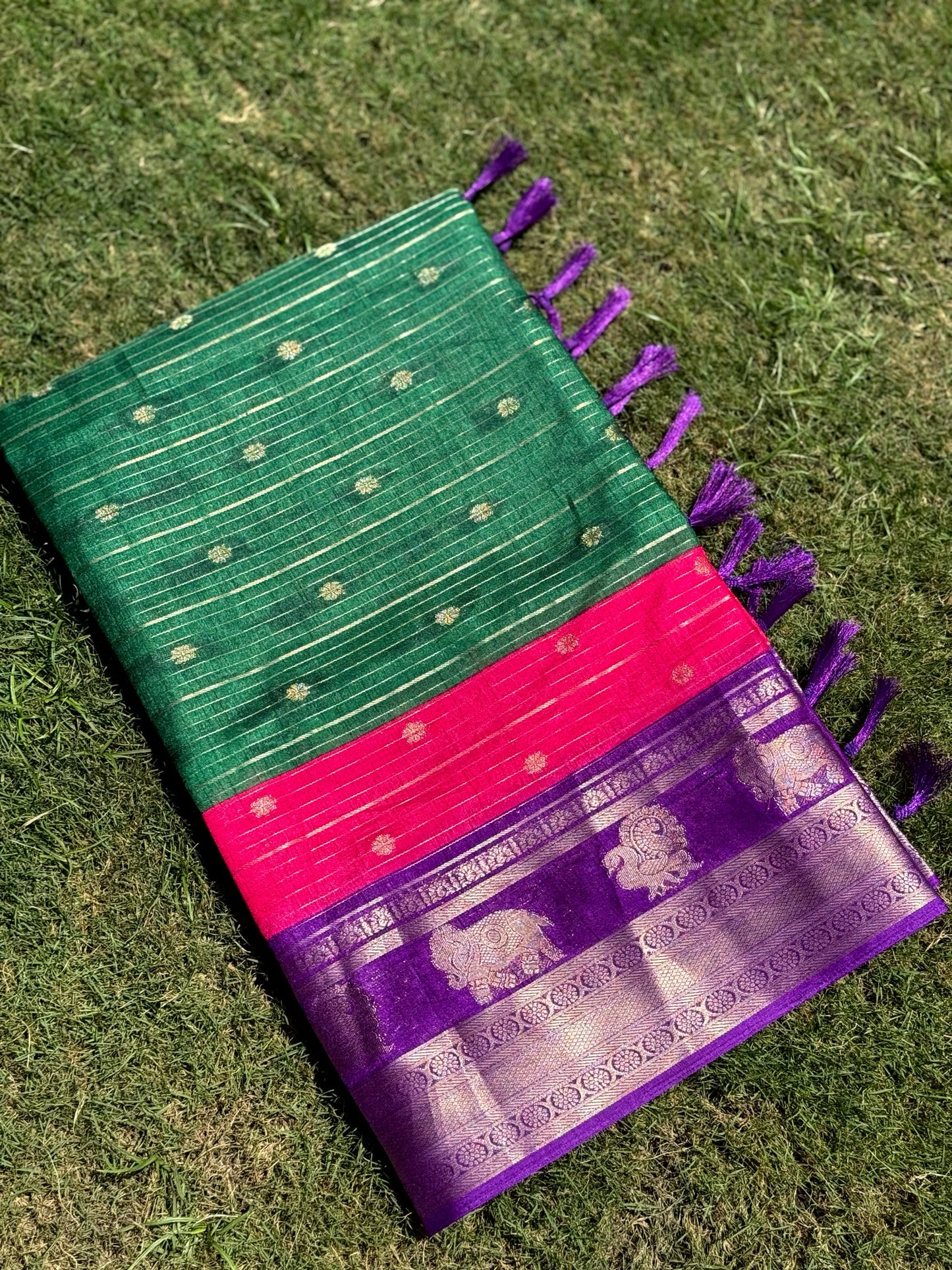 Green Soft Dola Silk Striped Print Saree by My Store