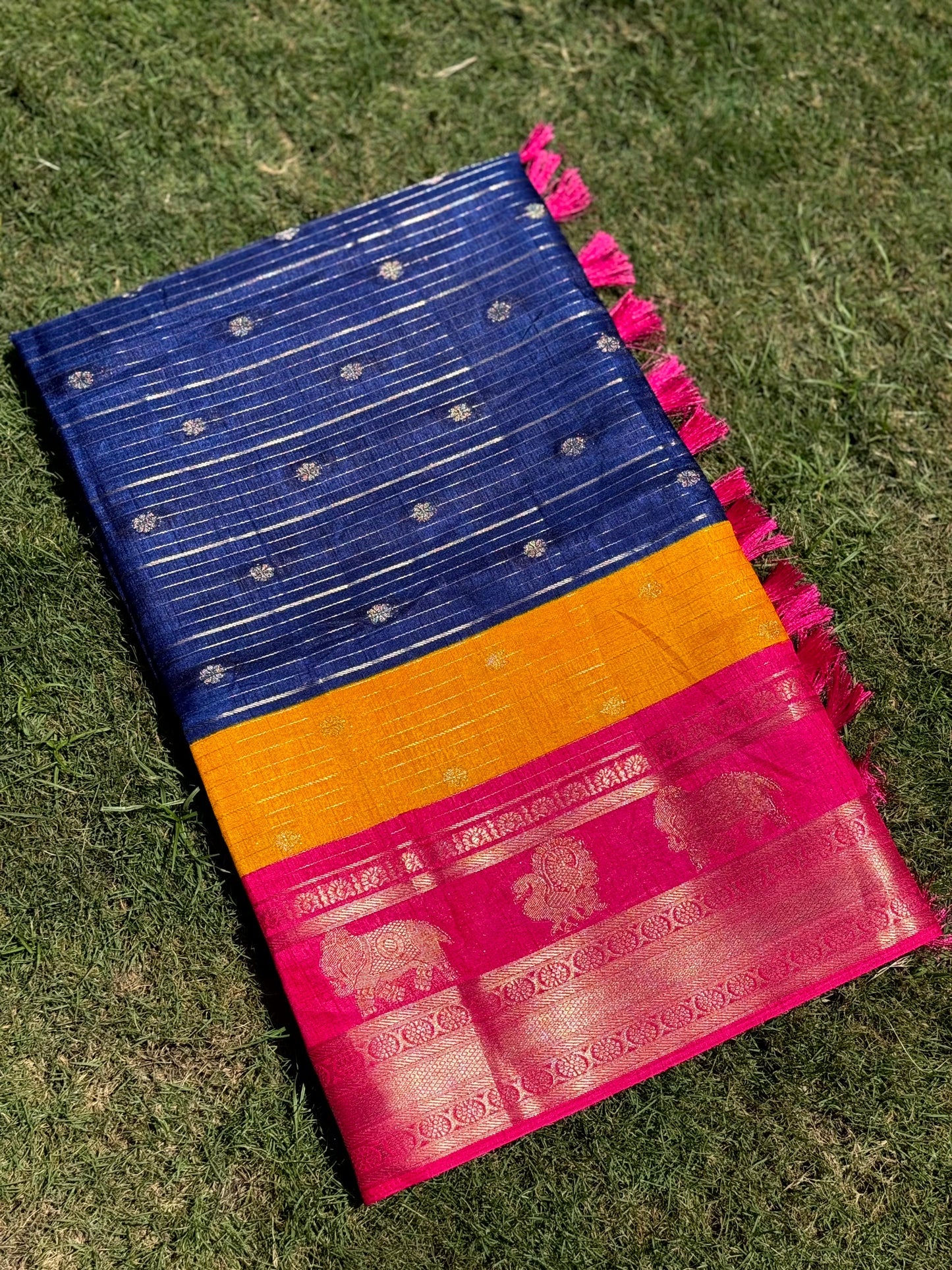 Royal Blue Soft Dola Silk Striped Print Saree by My Store