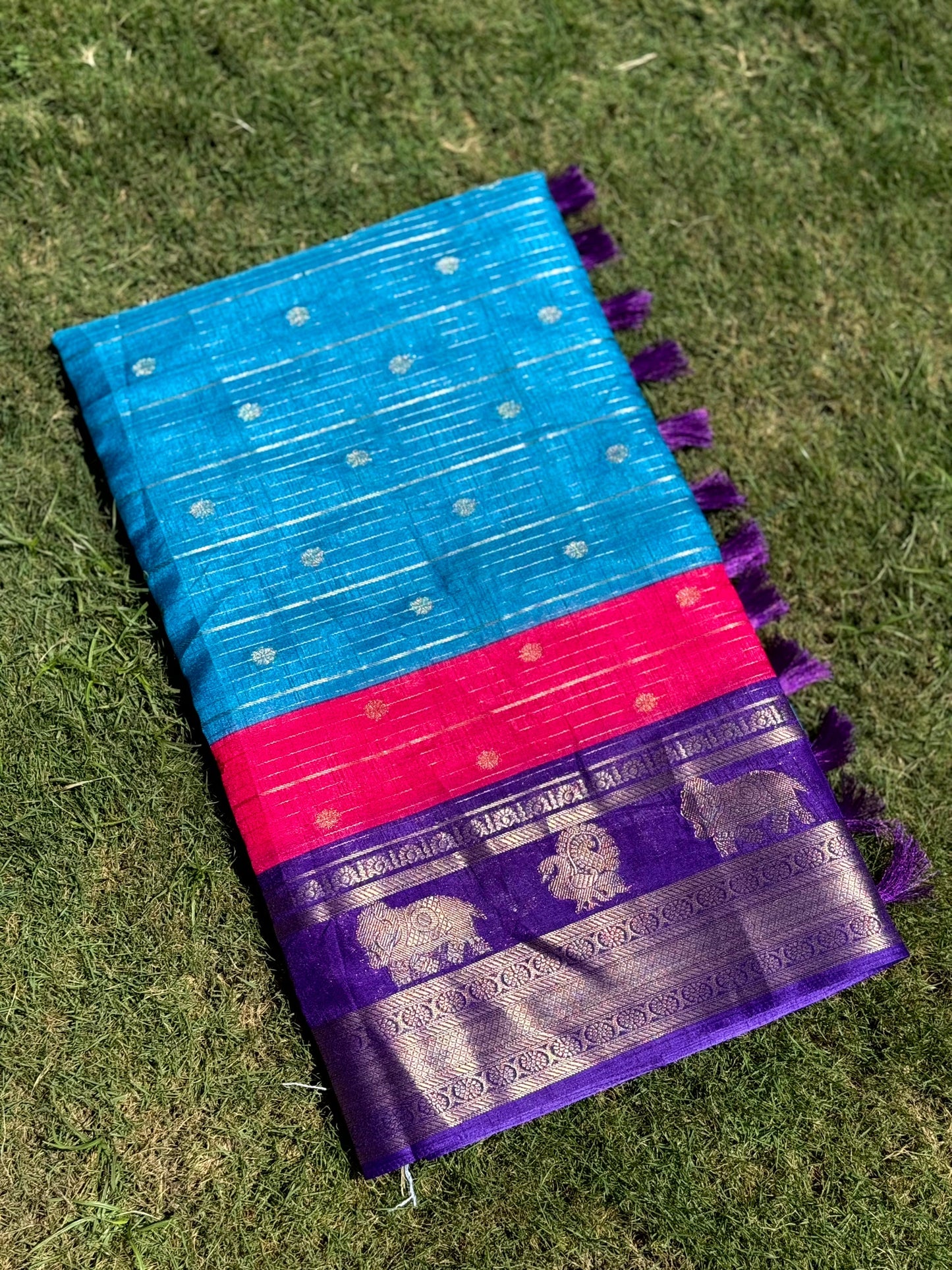 Sky Blue Soft Dola Silk Striped Print Saree by My Store