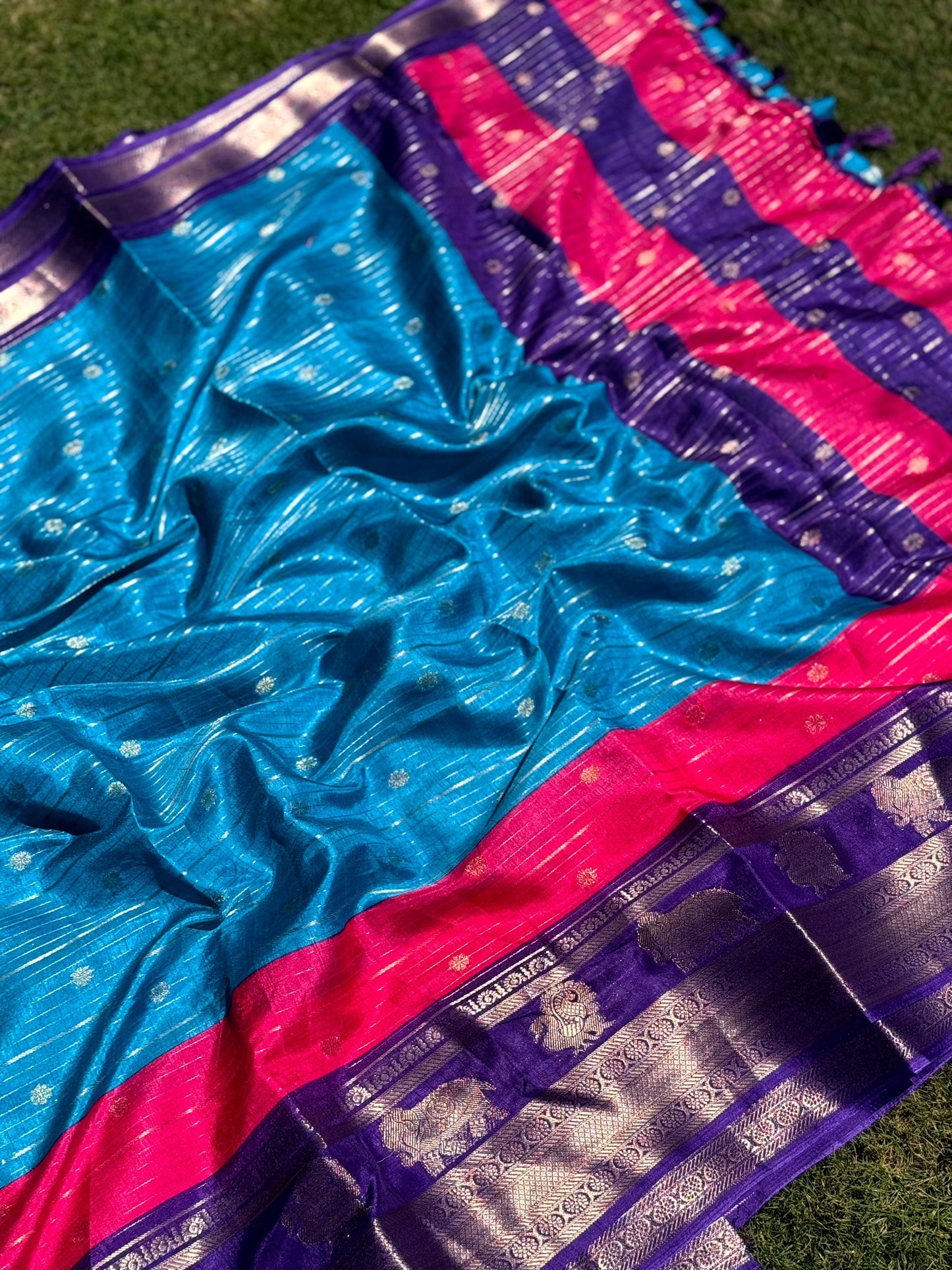 Sky Blue Soft Dola Silk Striped Print Saree by My Store