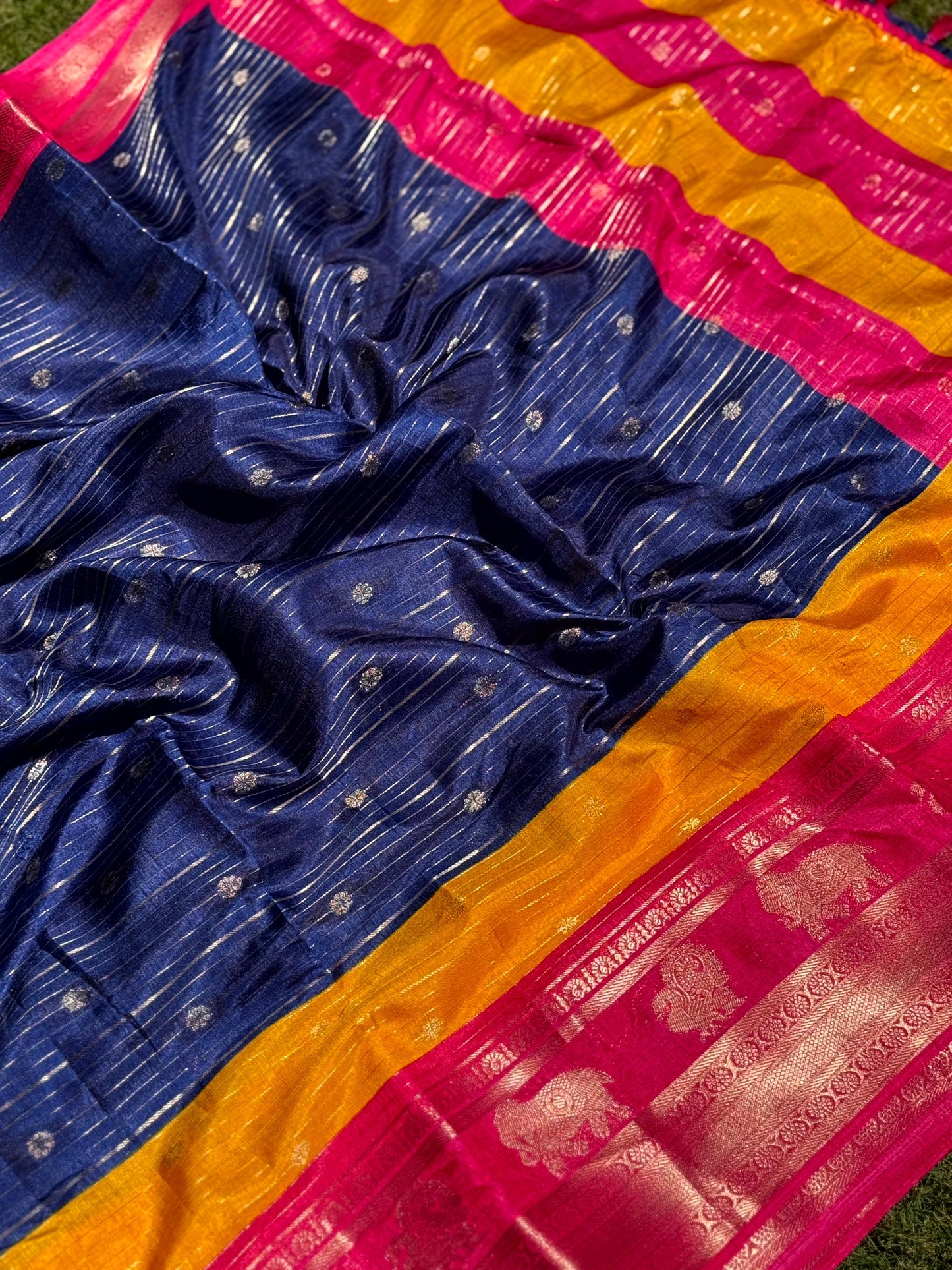 Royal Blue Soft Dola Silk Striped Print Saree by My Store