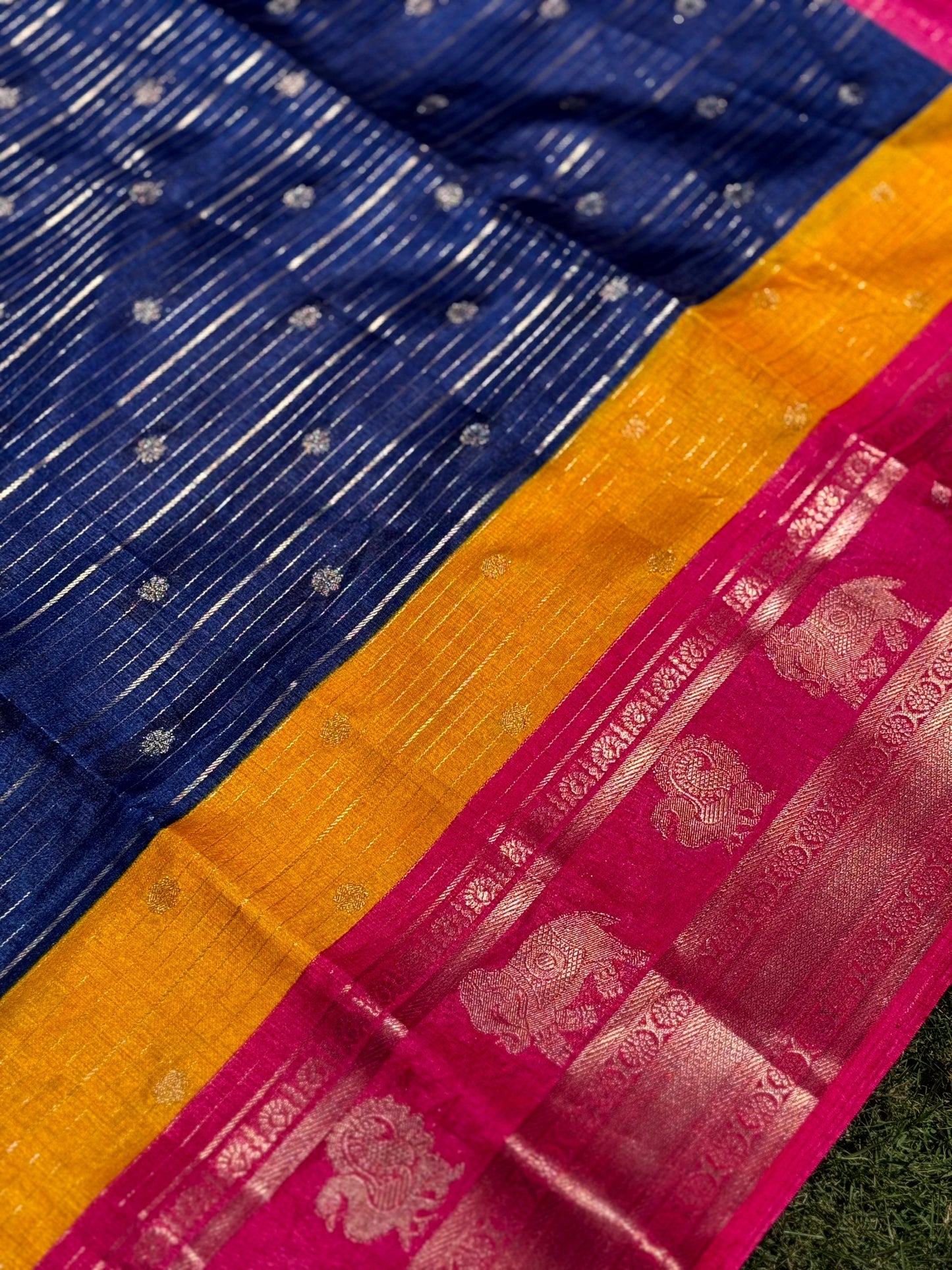 Royal Blue Soft Dola Silk Striped Print Saree by My Store