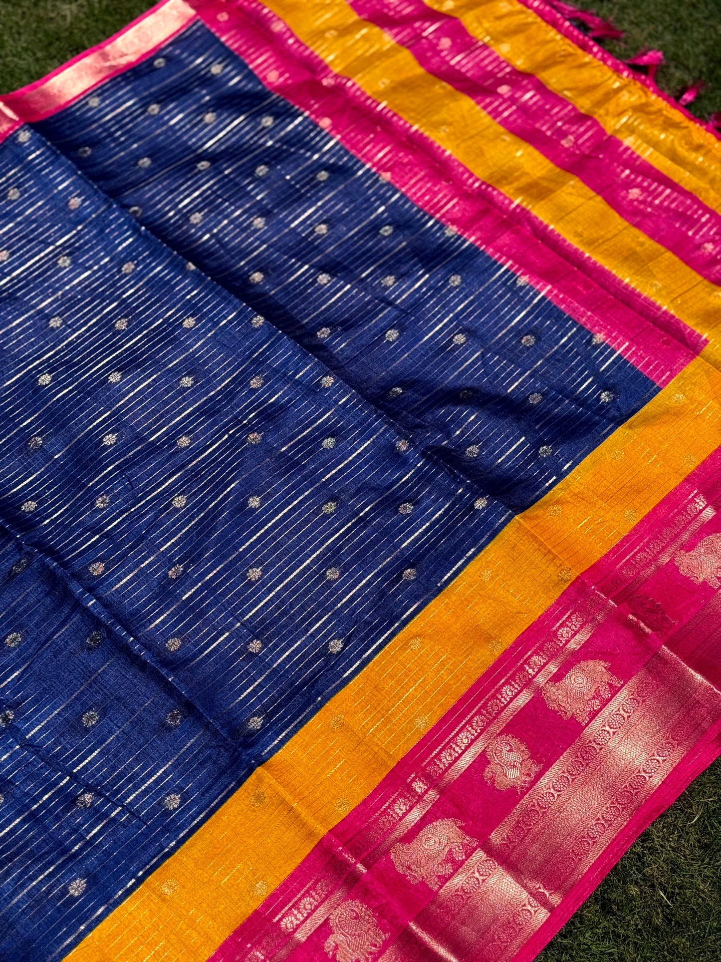 Royal Blue Soft Dola Silk Striped Print Saree by My Store