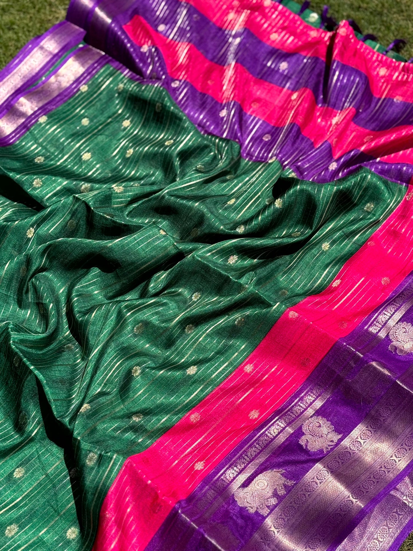 Green Soft Dola Silk Striped Print Saree by My Store