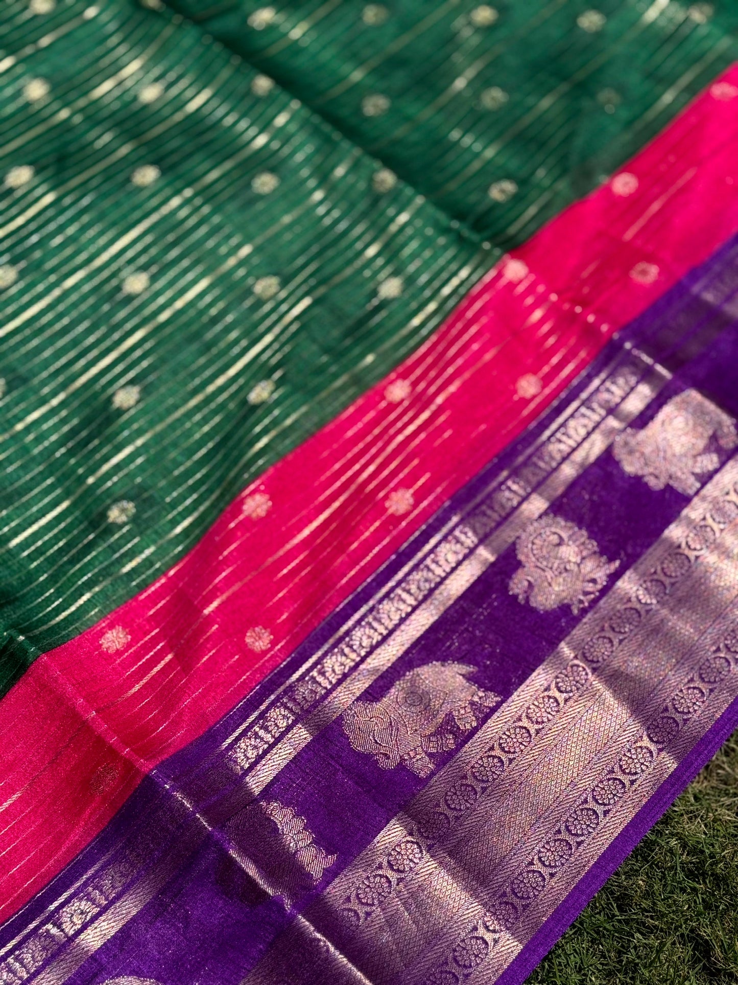 Green Soft Dola Silk Striped Print Saree by My Store