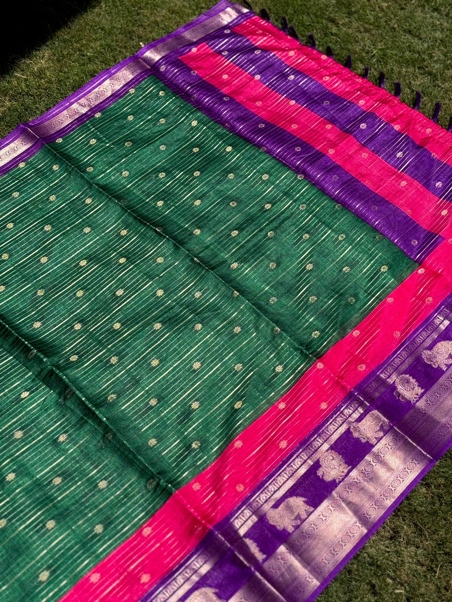 Green Soft Dola Silk Striped Print Saree by My Store