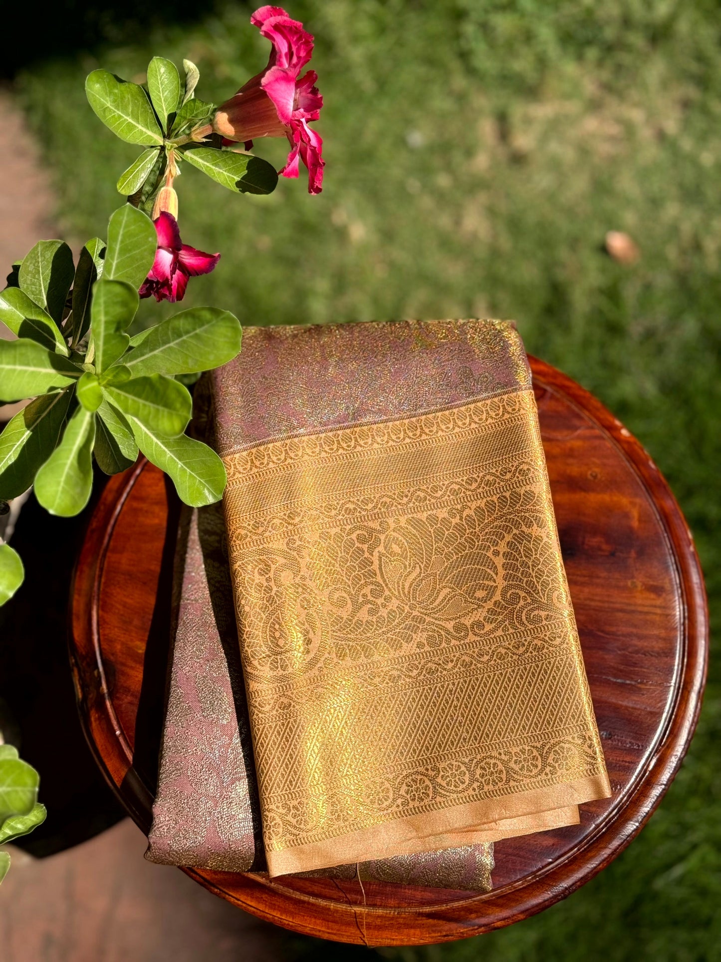 Blush Pink Golden Threadwork Dharmavaram Saree by My Store