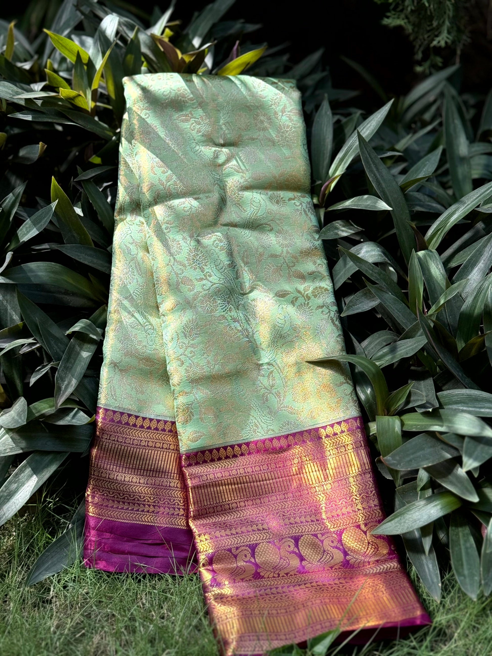 Pastel Mint Green Dharmavaram Silk Saree by My Store