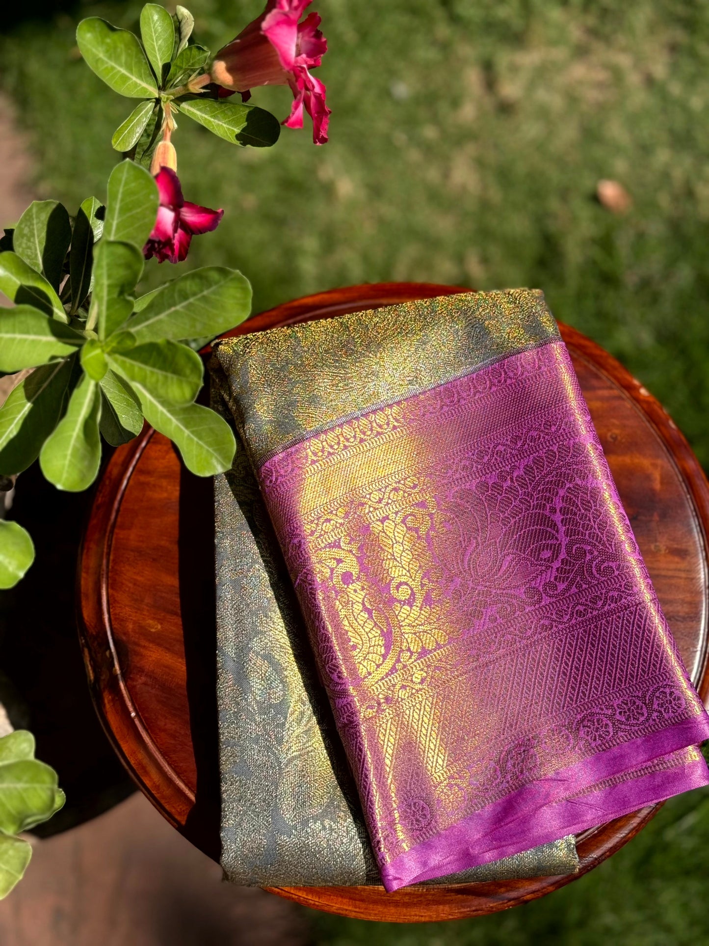 Grey Golden Threadwork Dharmavaram Saree by My Store