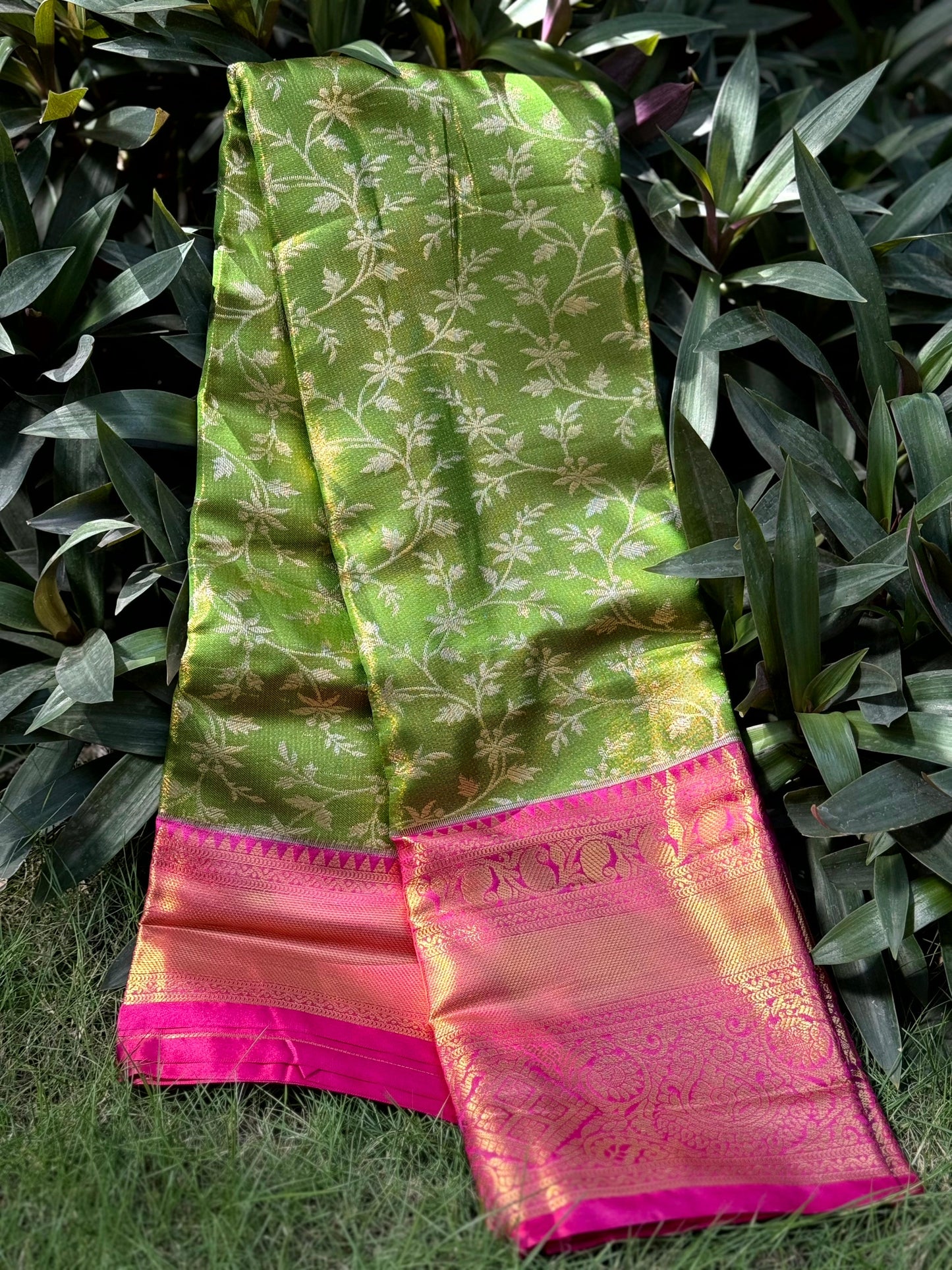 Lime Green Dharmavaram Silk Saree by My Store