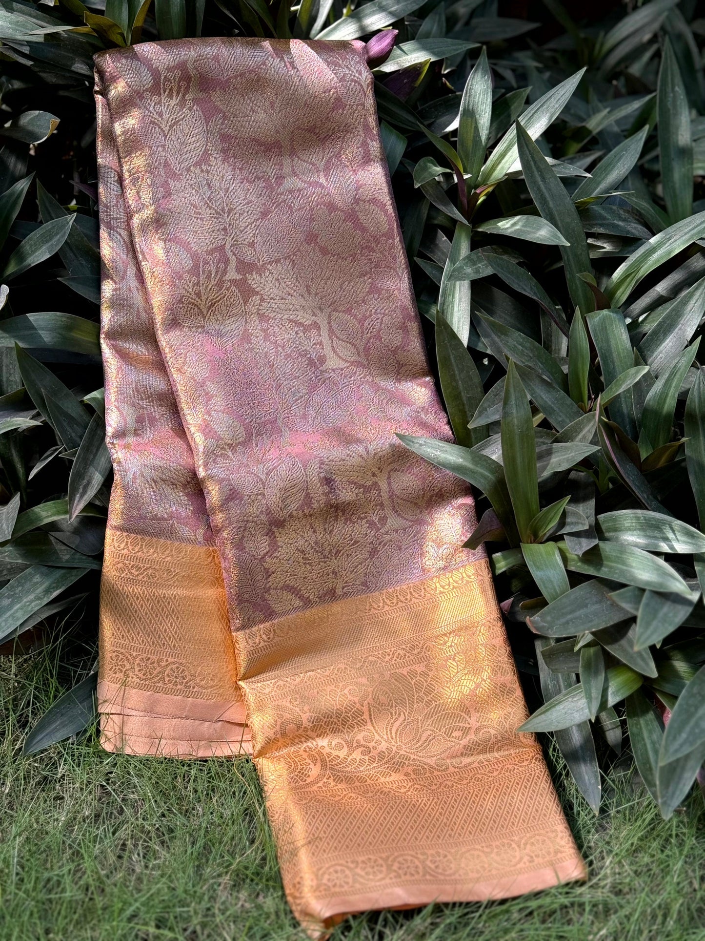 Blush Pink Golden Threadwork Dharmavaram Saree by My Store
