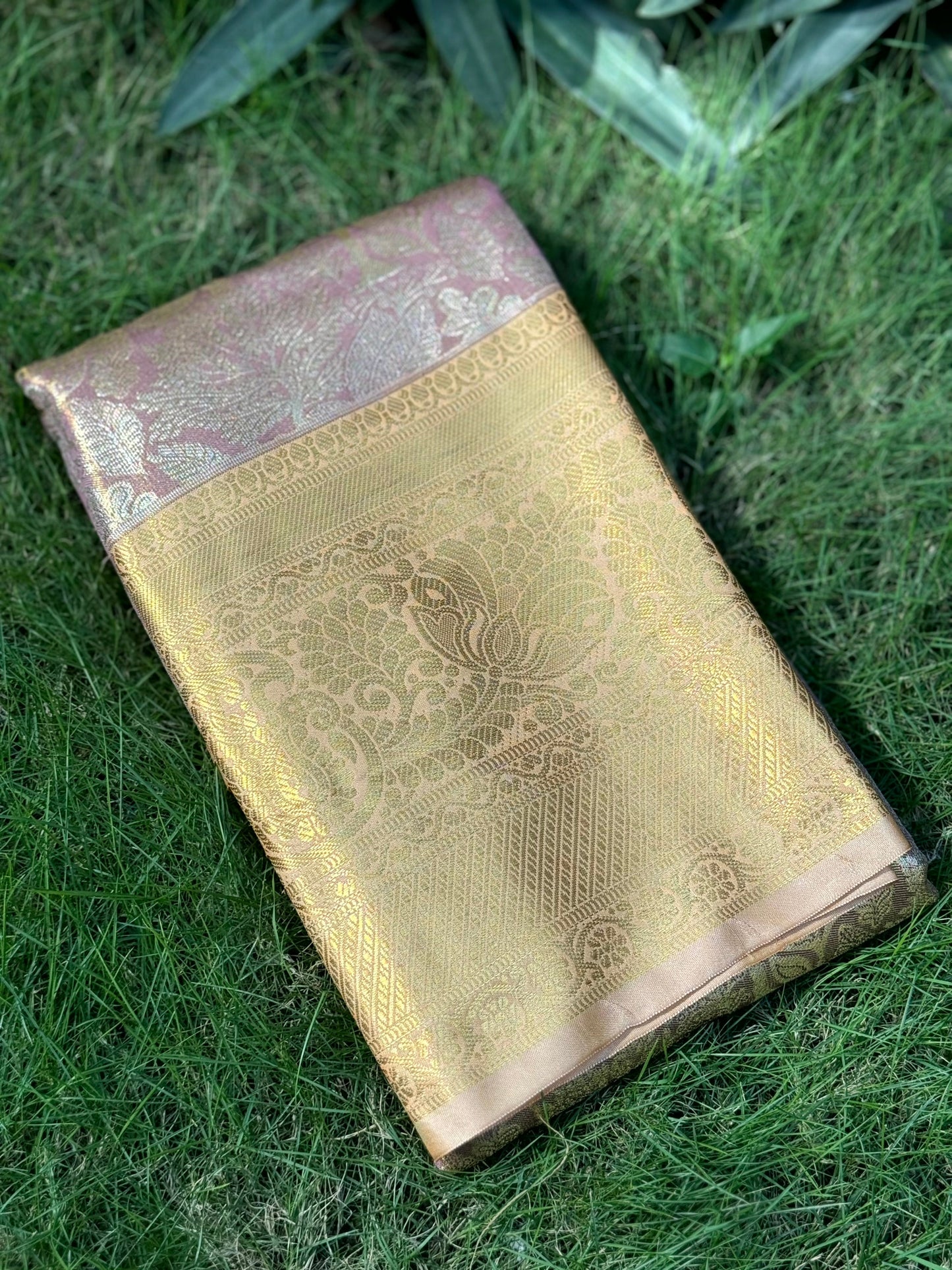 Blush Pink Golden Threadwork Dharmavaram Saree by My Store