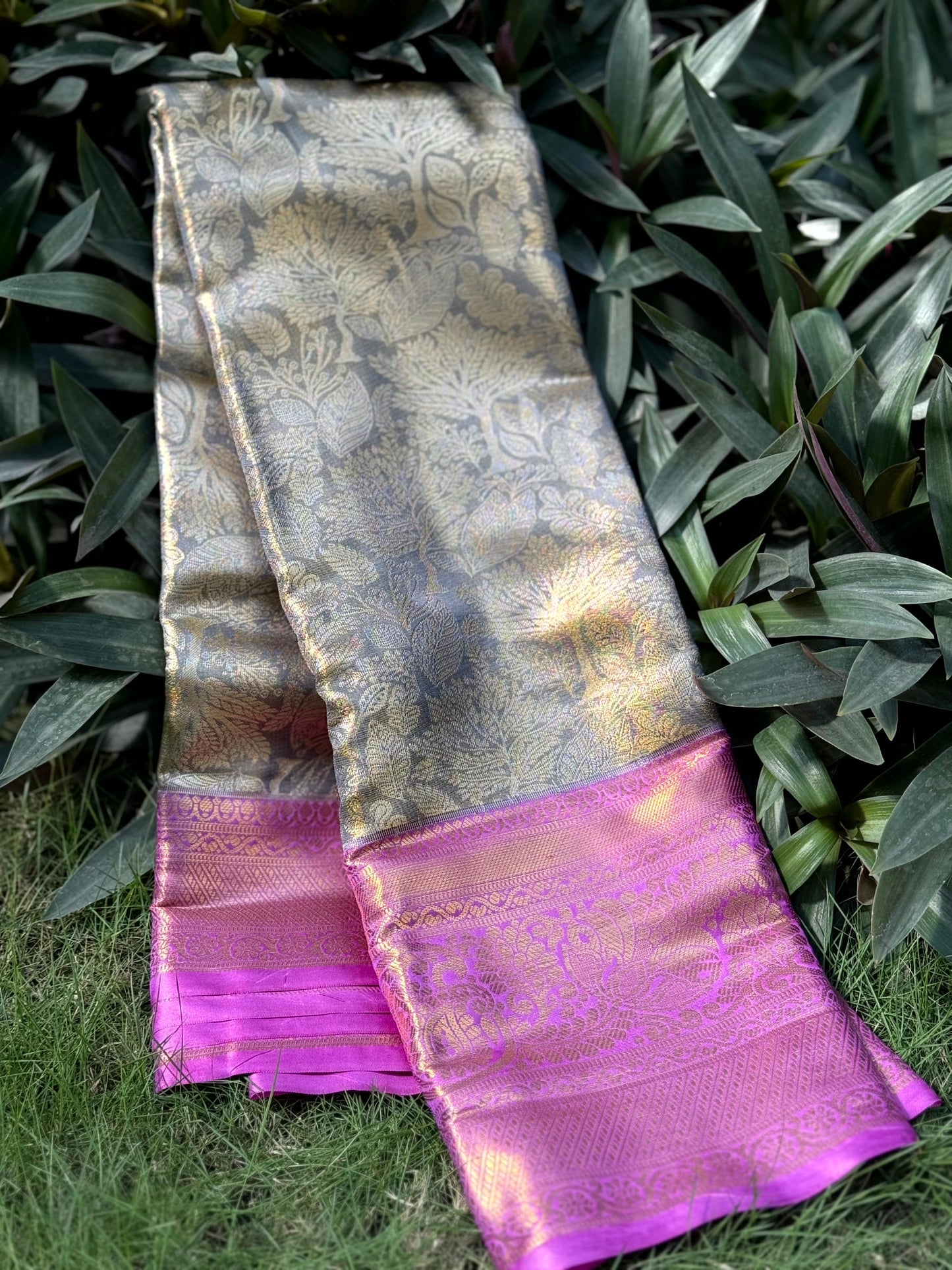 Grey Golden Threadwork Dharmavaram Saree by My Store
