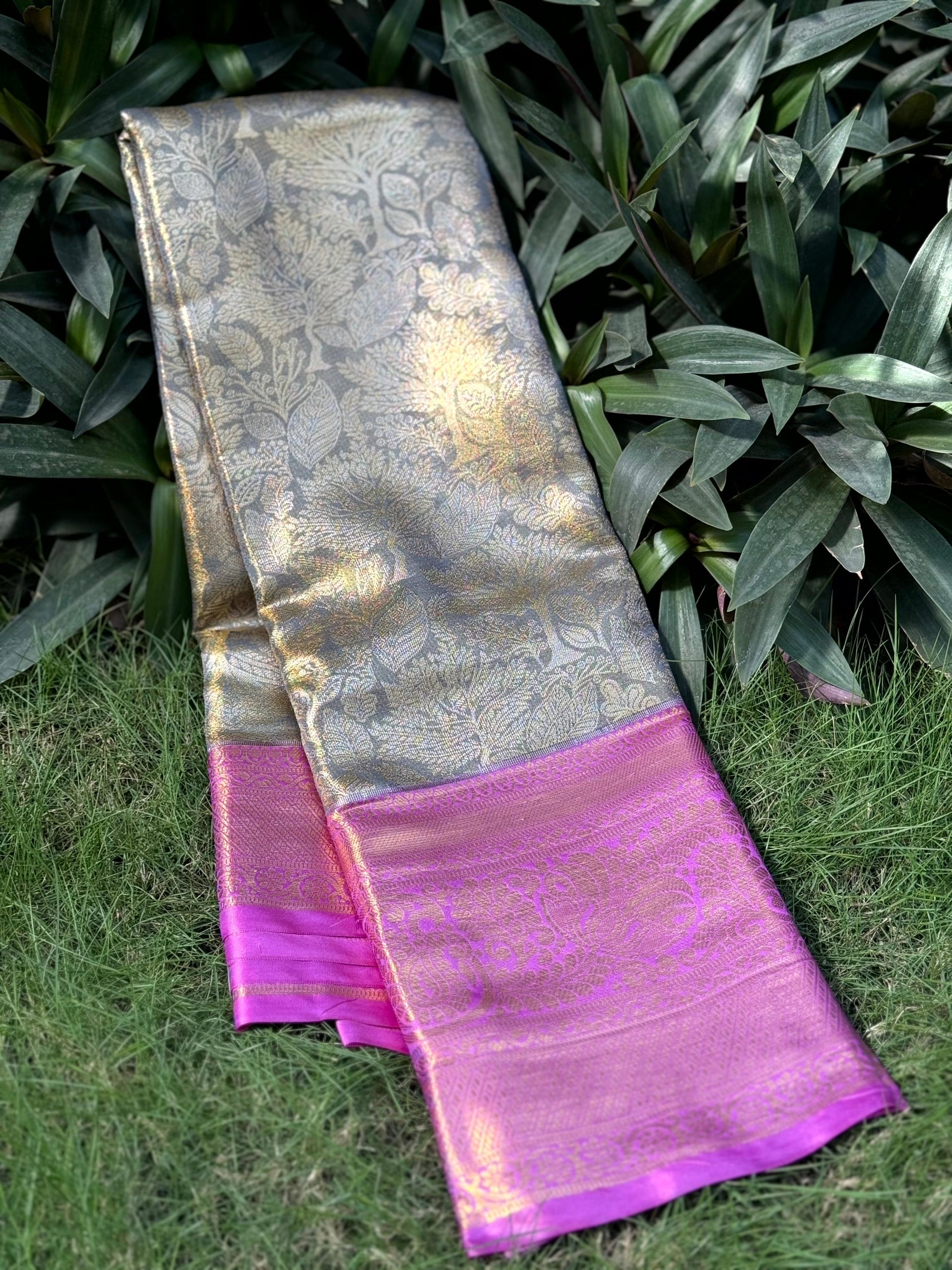 Grey Golden Threadwork Dharmavaram Saree by My Store