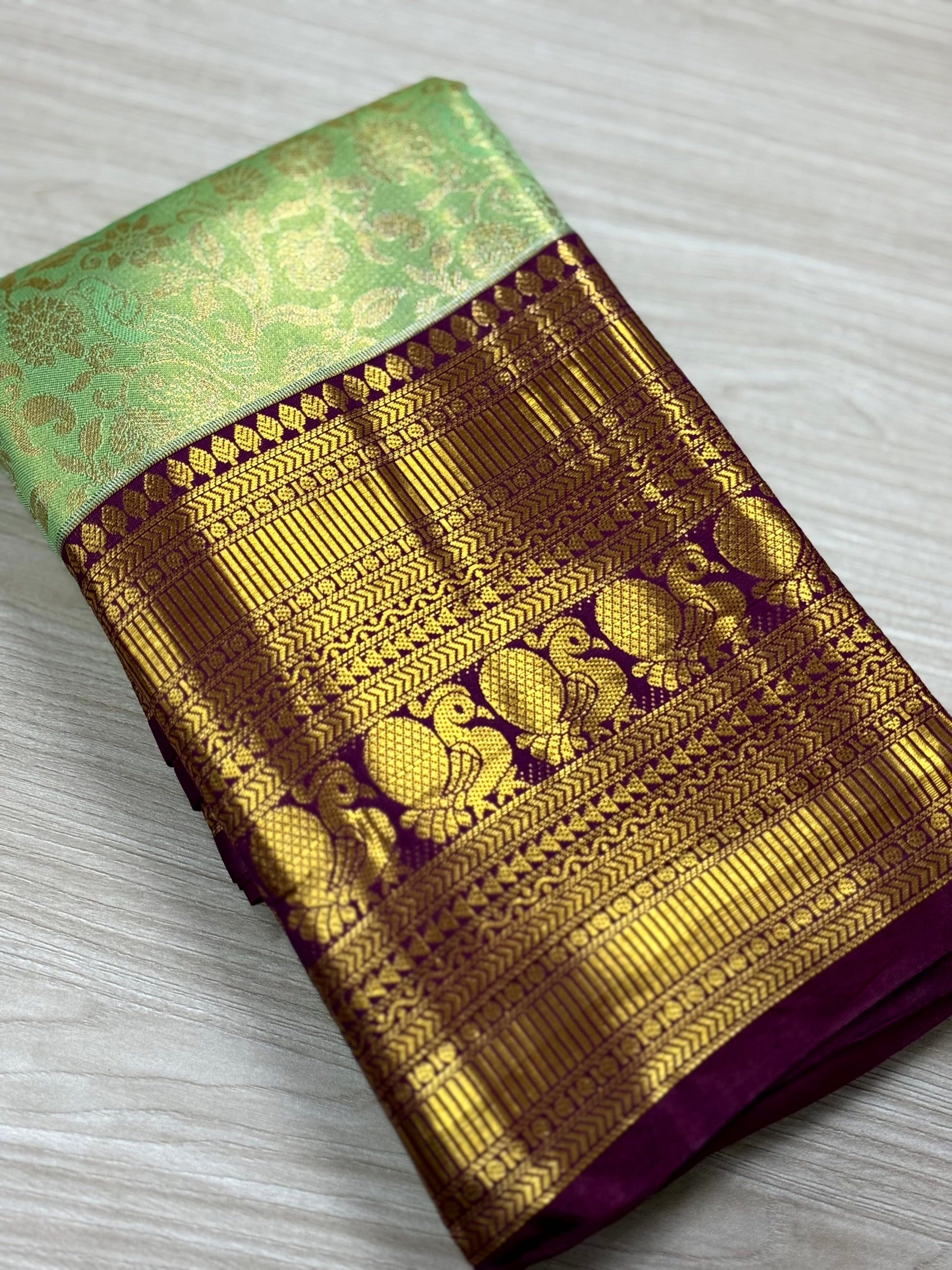 Pastel Mint Green Dharmavaram Silk Saree by My Store