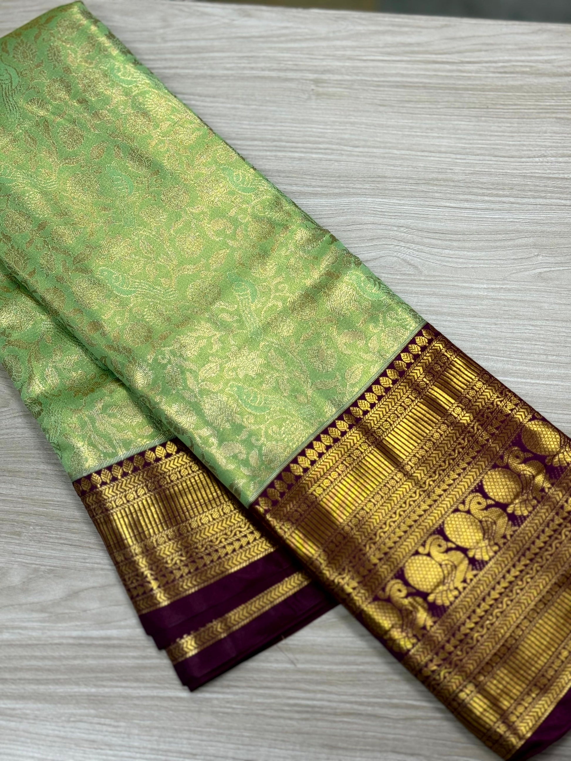 Pastel Mint Green Dharmavaram Silk Saree by My Store