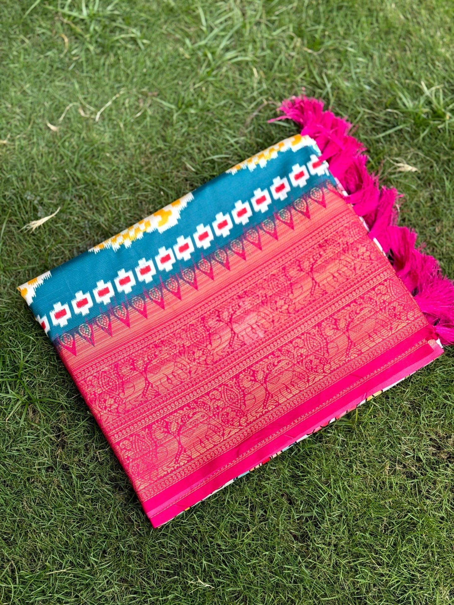 Cream Soft Silk Floral Patola Border Saree by My Store