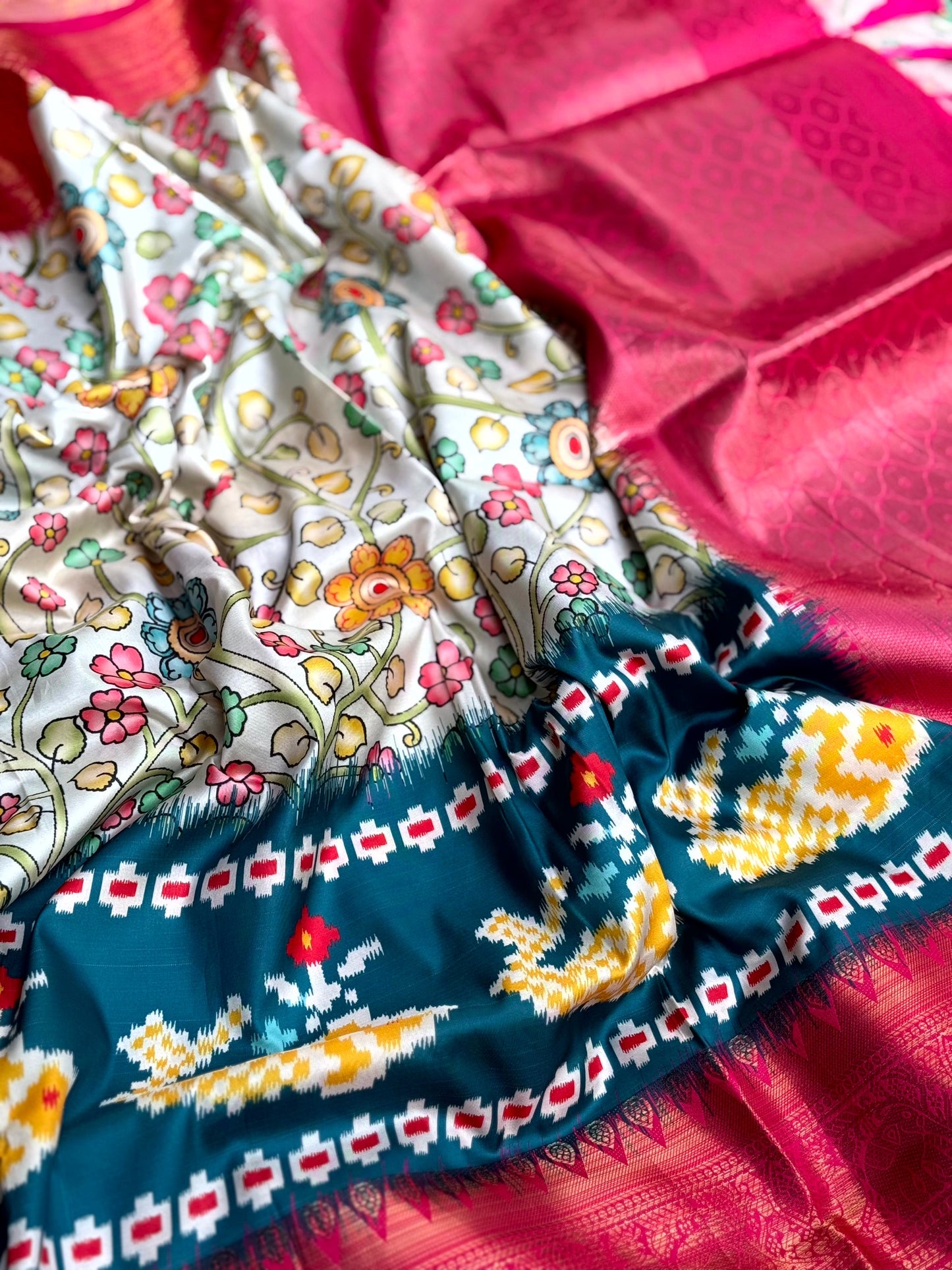Cream Soft Silk Floral Patola Border Saree by My Store
