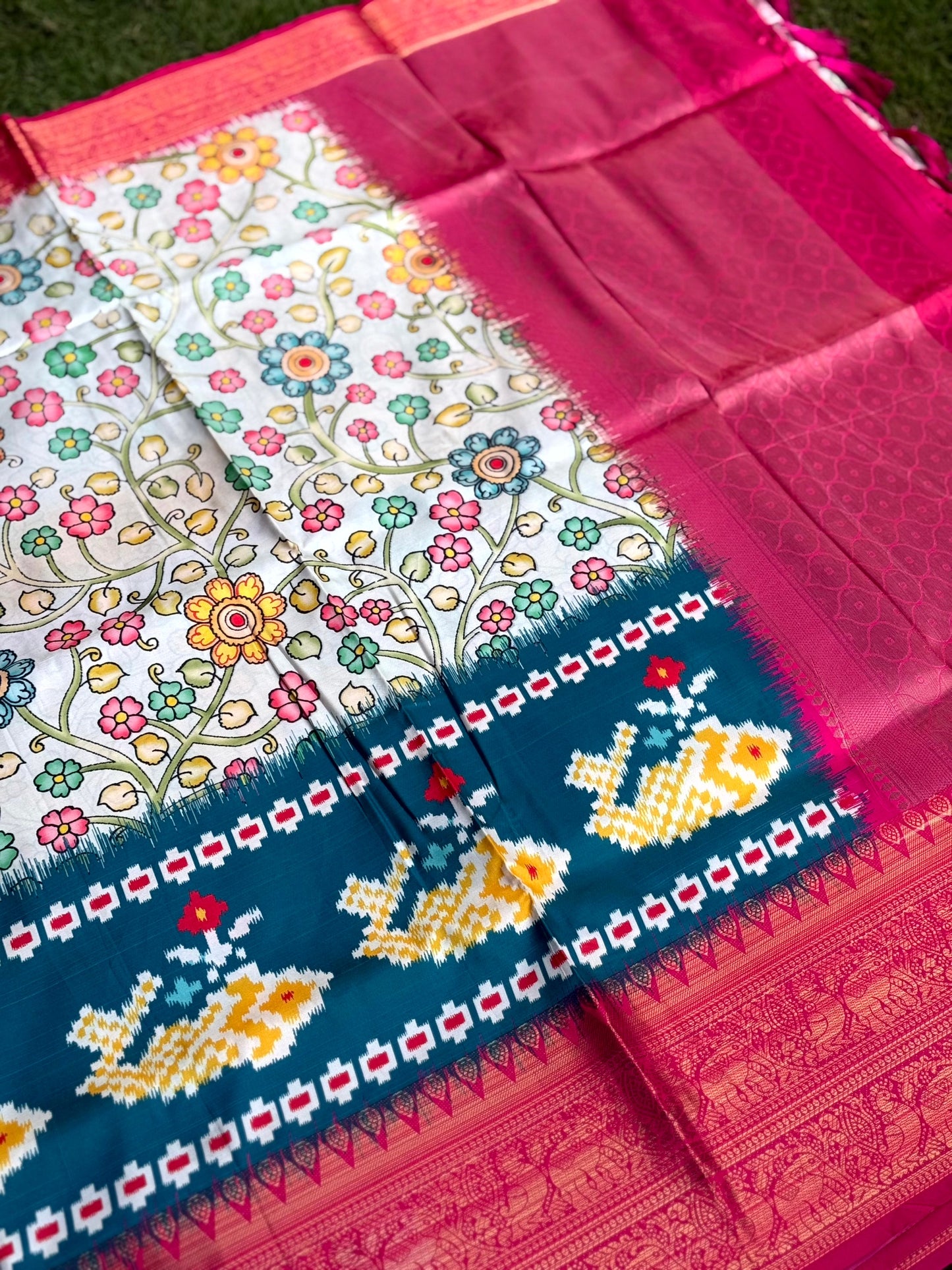 Cream Soft Silk Floral Patola Border Saree by My Store
