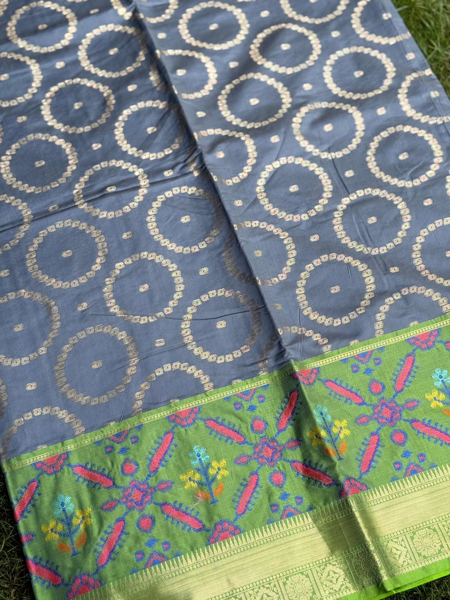 Grey Katan Silk Ikkat Saree by My Store