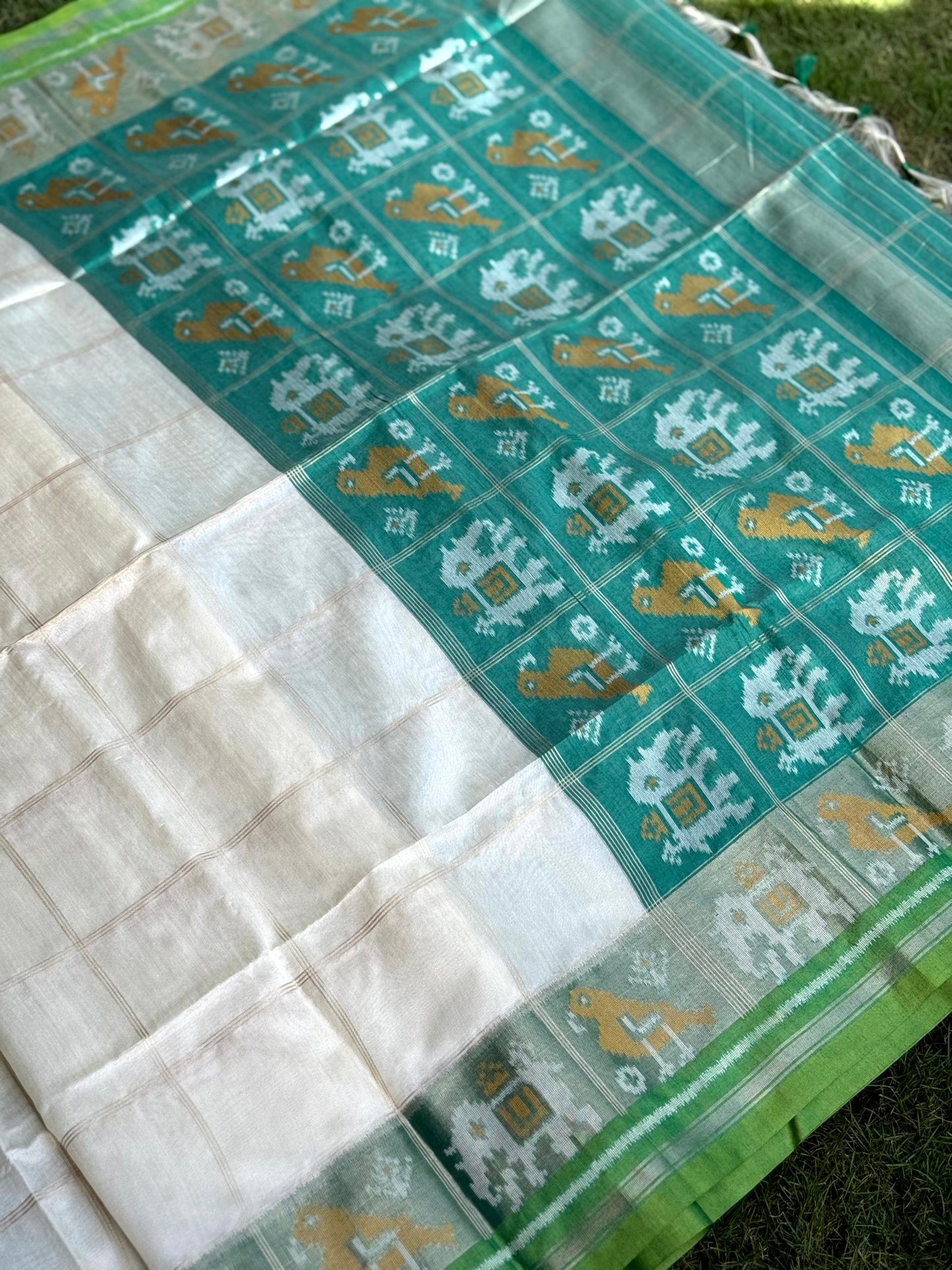 White Double Ikat Tussar Silk Saree