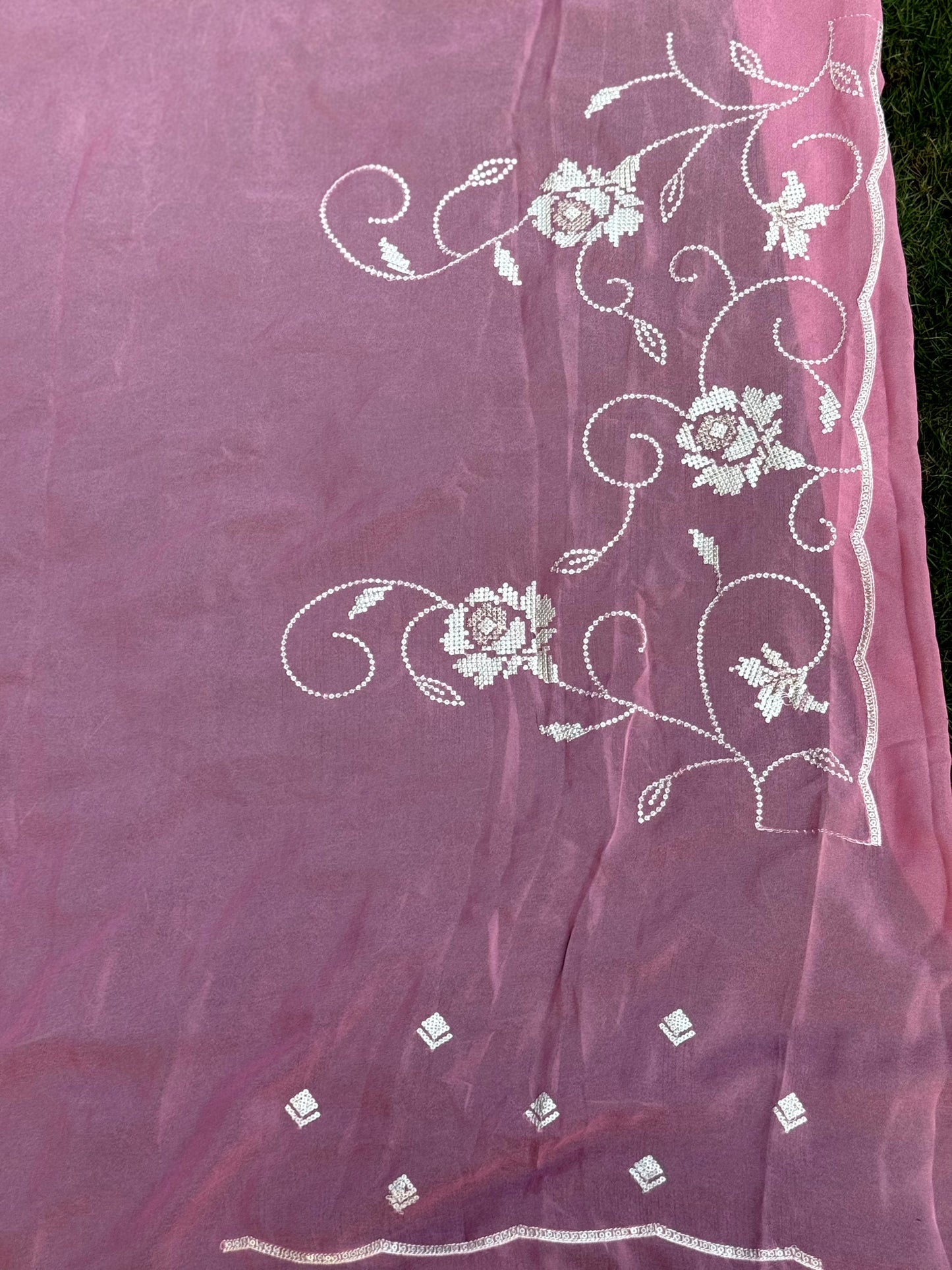 Peach Georgette Sequin Embroidery Saree by My Store