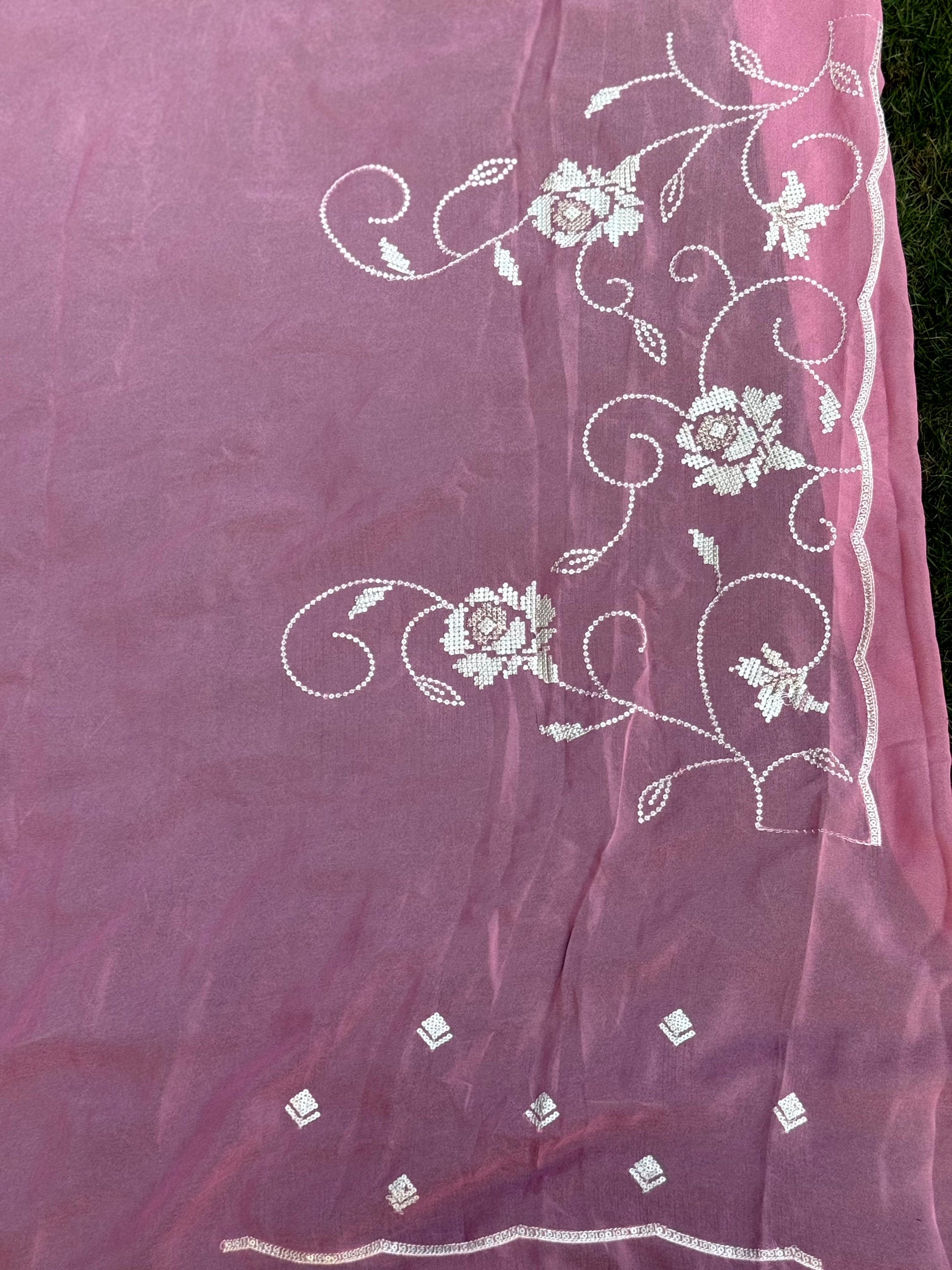 Peach Georgette Sequin Embroidery Saree by My Store