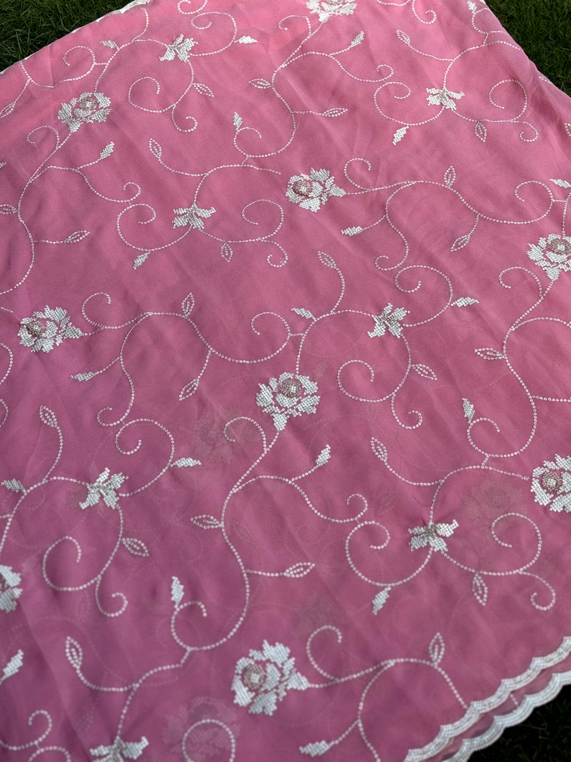 Peach Georgette Sequin Embroidery Saree by My Store