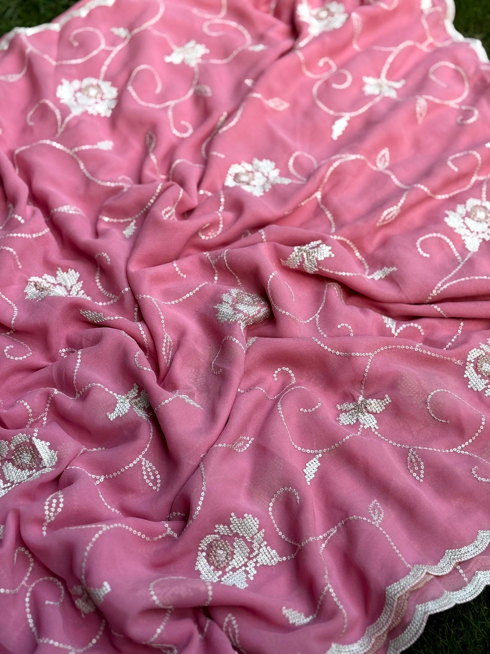 Peach Georgette Sequin Embroidery Saree by My Store