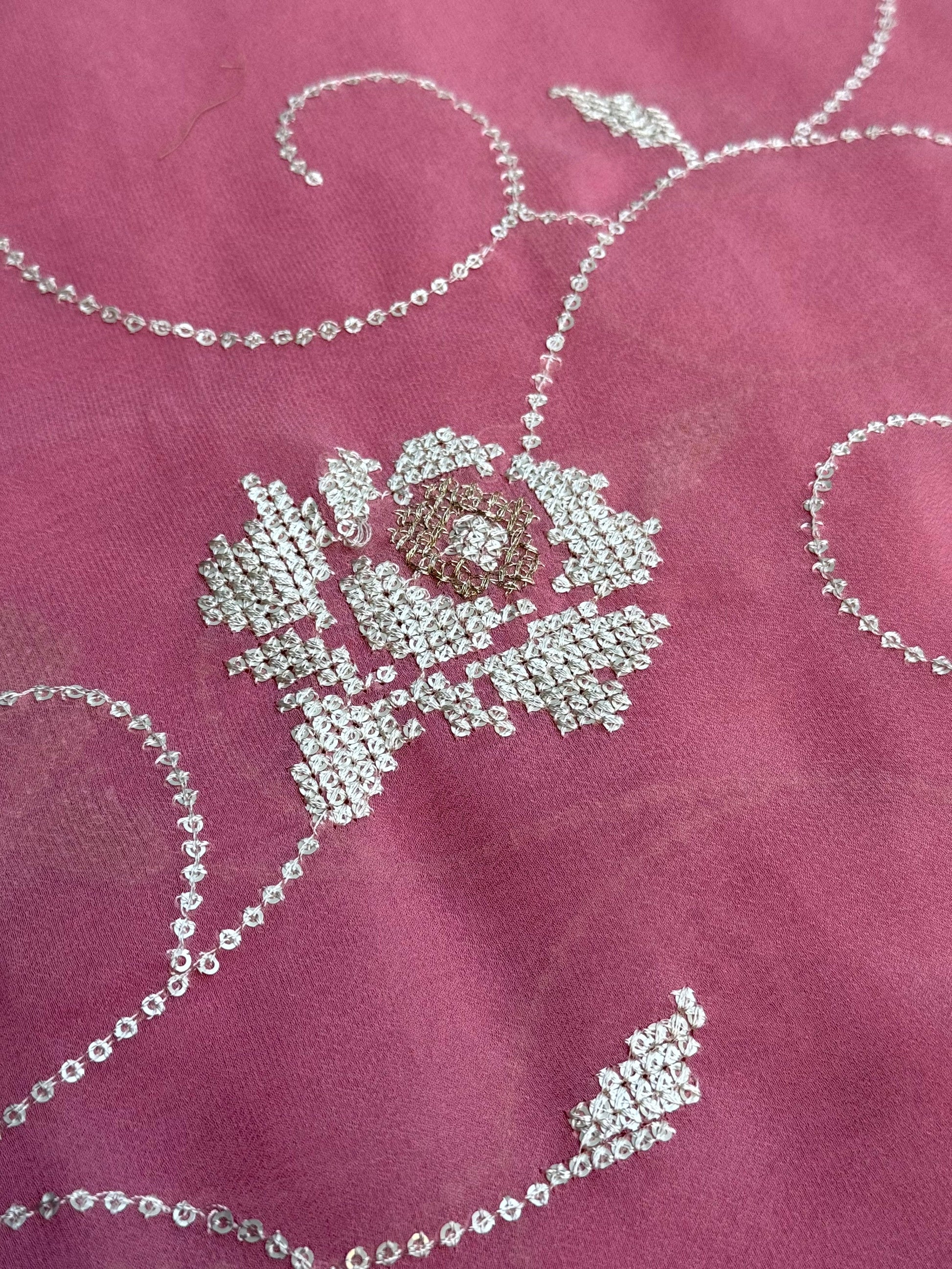 Peach Georgette Sequin Embroidery Saree by My Store