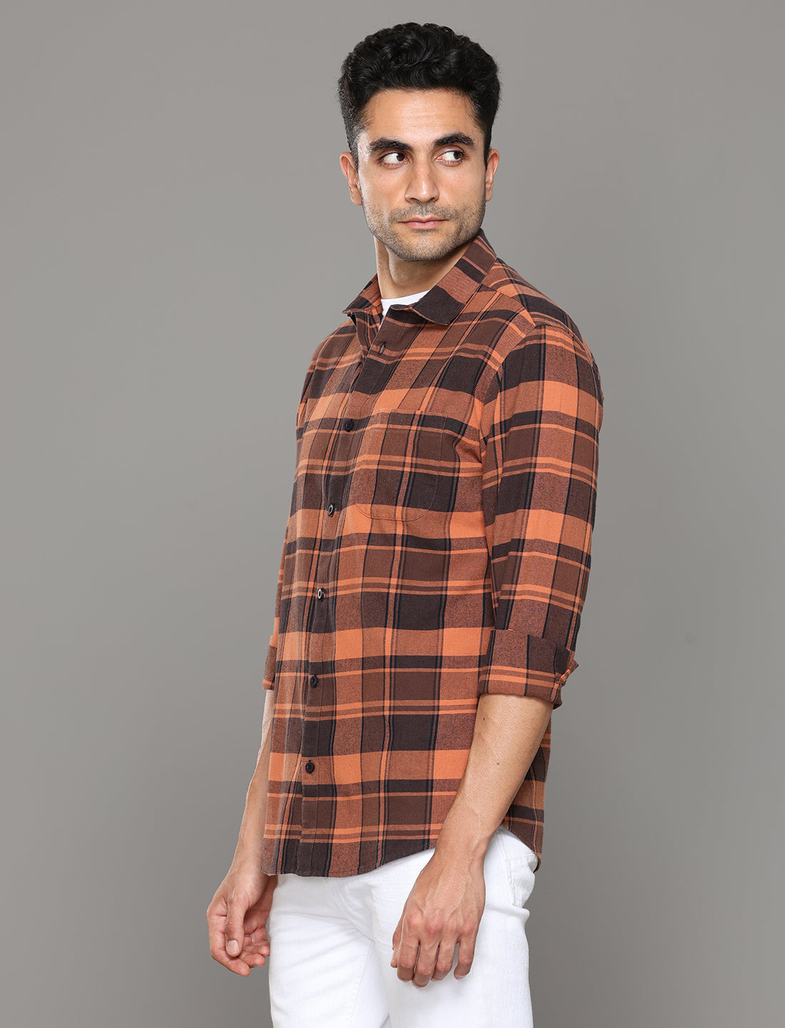 Uri Orange Checked Regular Fit Flannel Cotton Casual Shirt