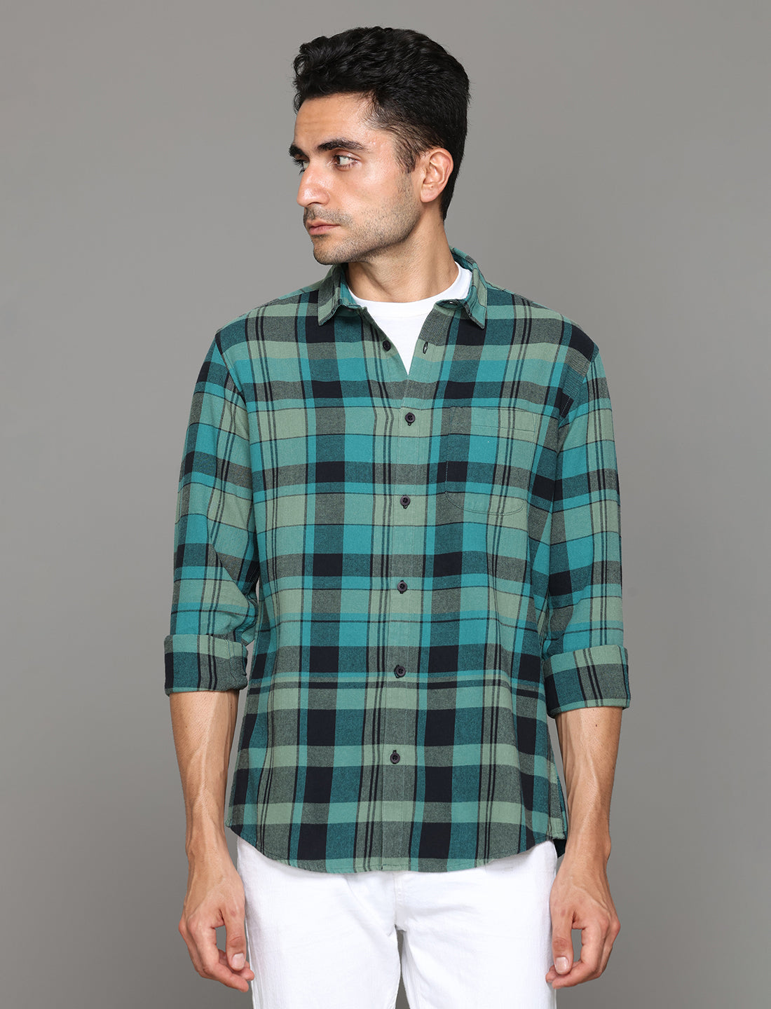 Uri Teal Checked Regular Fit Flannel Cotton Casual Shirt