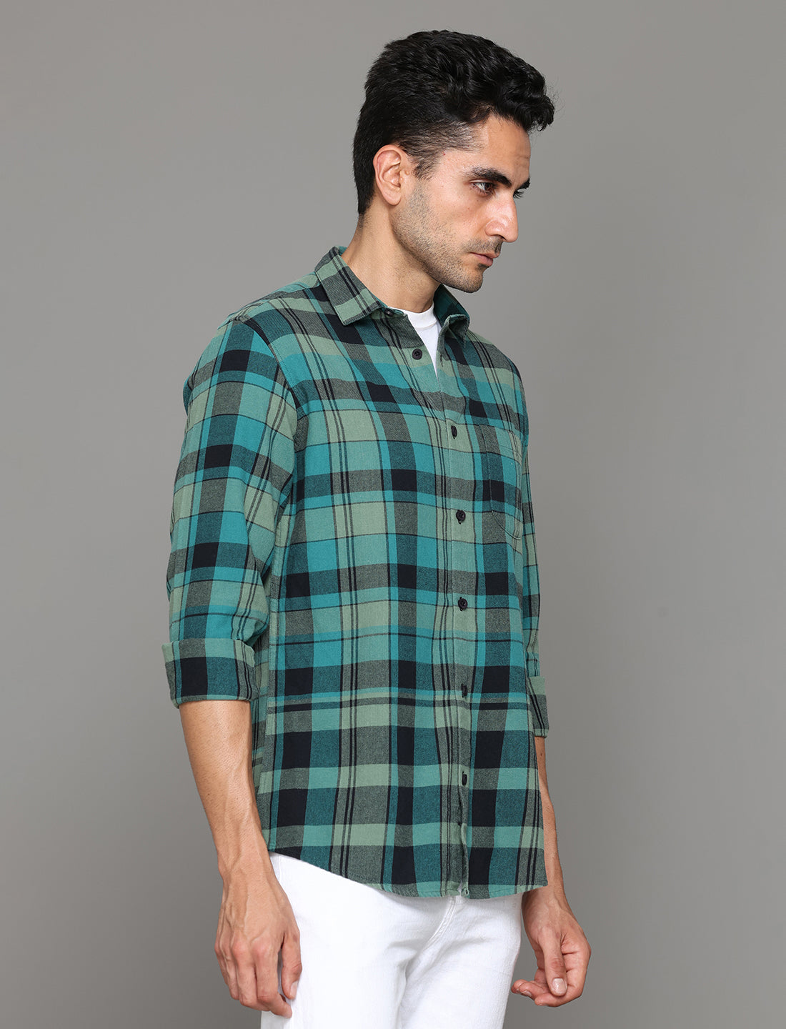 Uri Teal Checked Regular Fit Flannel Cotton Casual Shirt