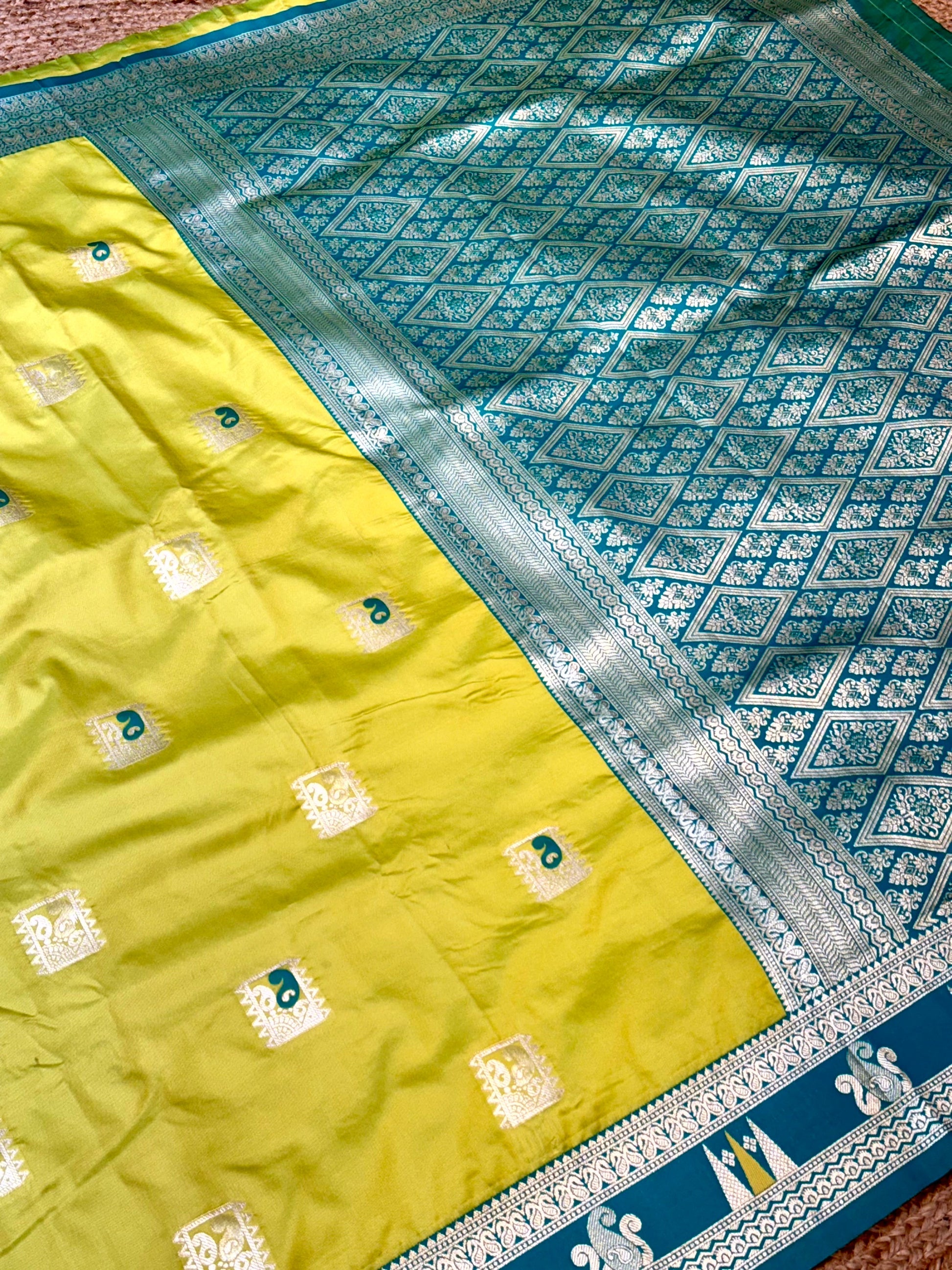 Lime Green Soft Silk Kanjivaram Saree by My Store